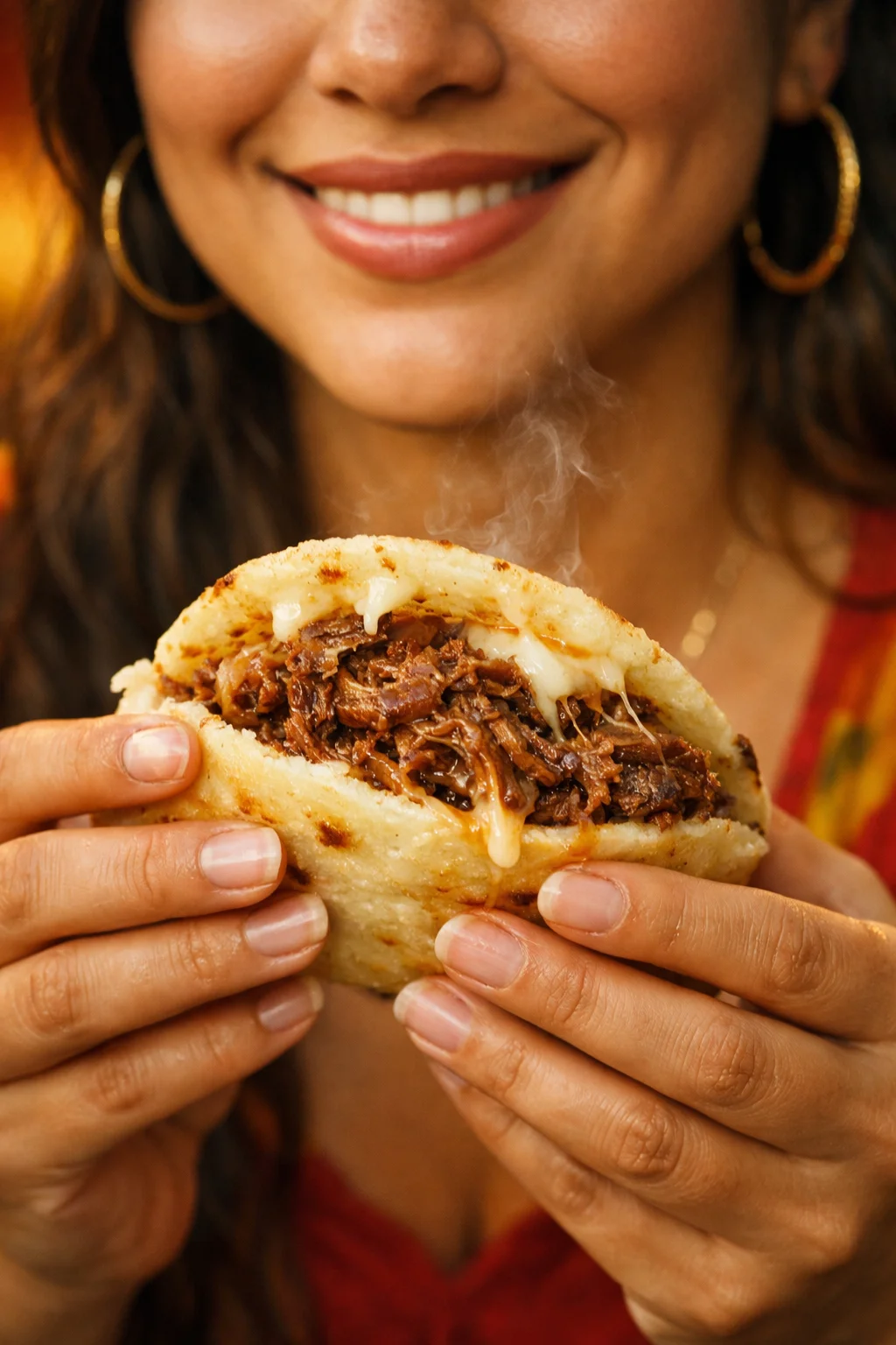 Delicious Venezuelan arepa filled with shredded beef