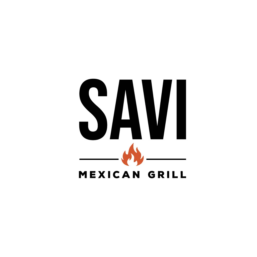 A logo for 'SAVI Mexican Grill', featuring bold text and a flame icon.