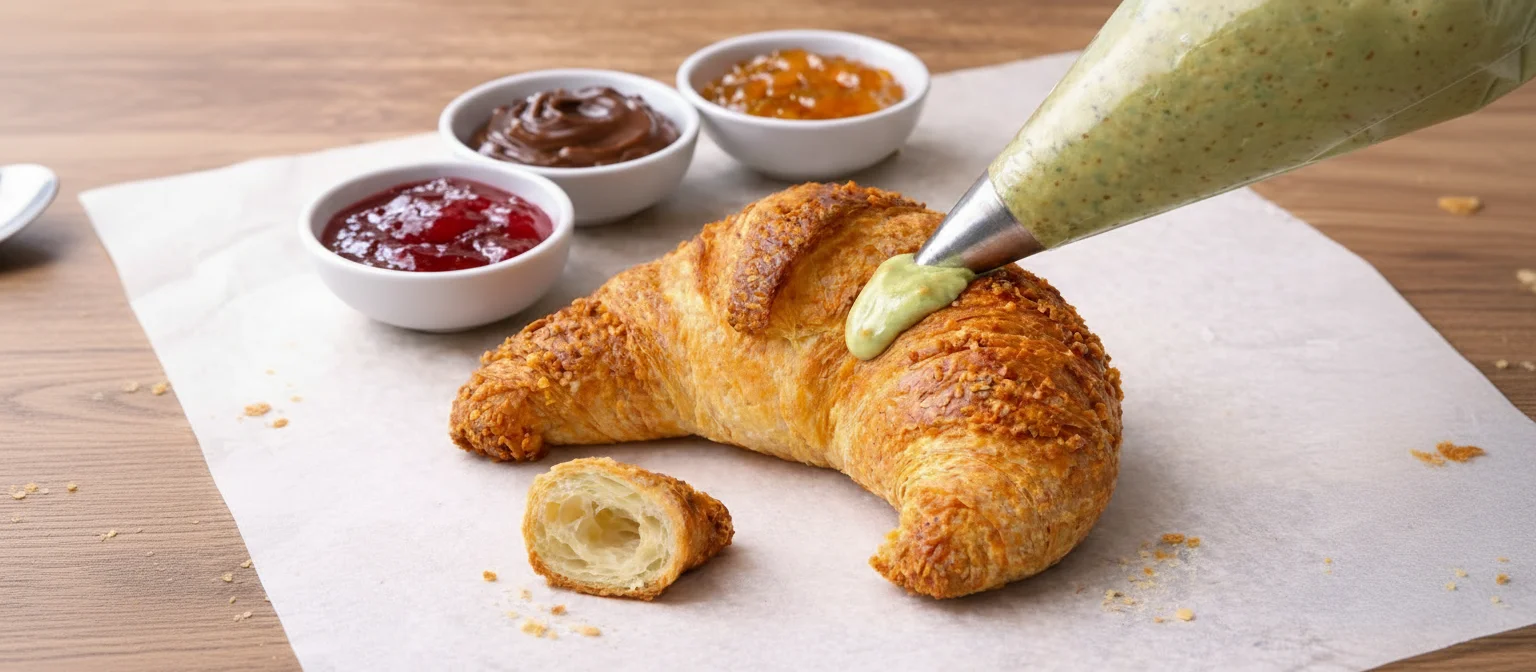 Freshly baked croissant with assorted jams and green filling