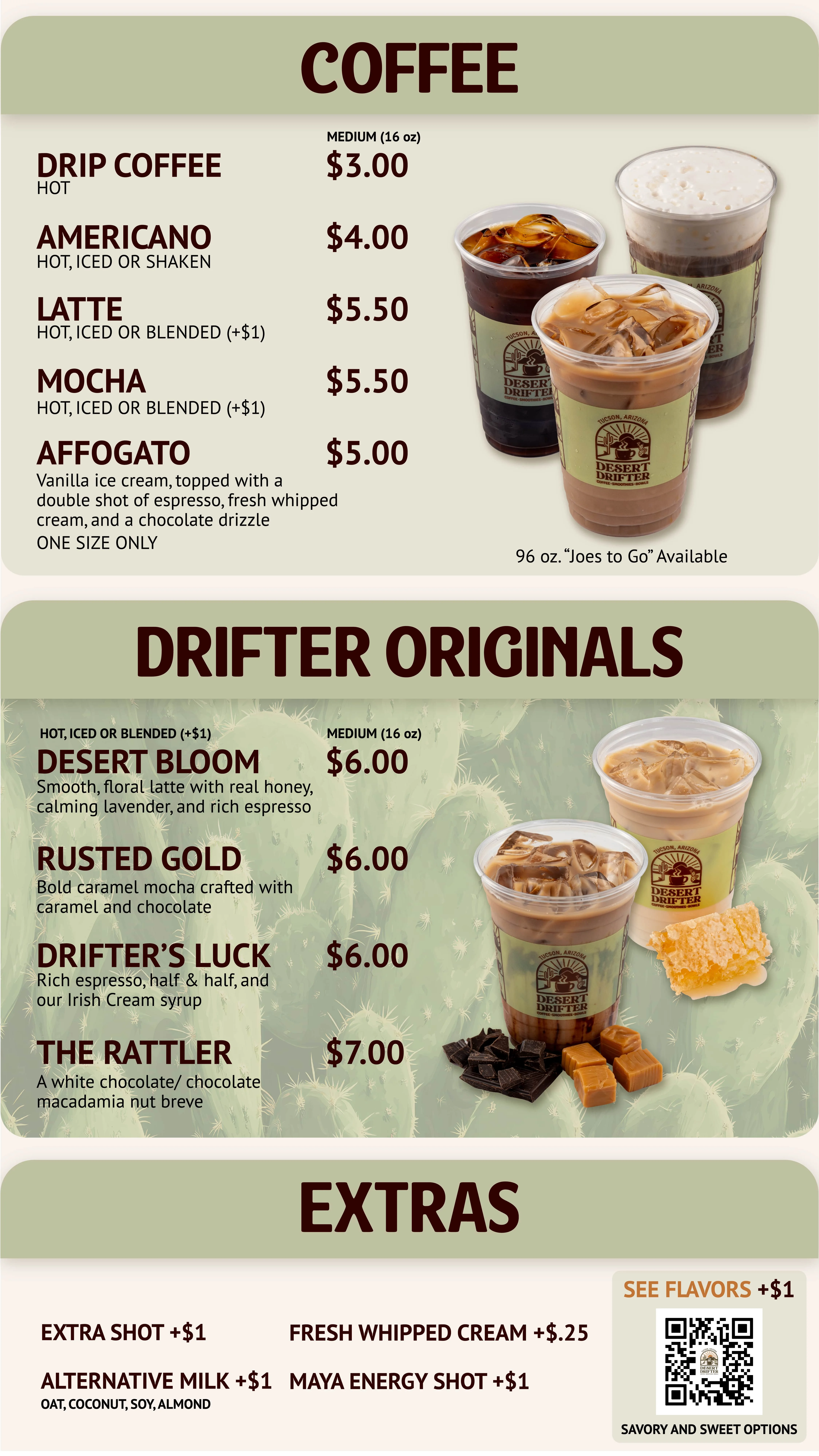 Coffee menu featuring various espresso drinks and unique house specialties