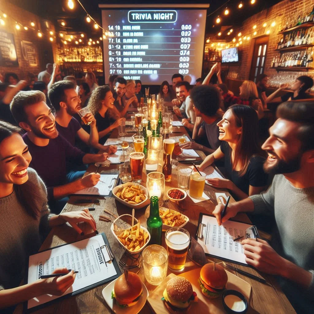 Lively trivia night at a cozy restaurant with friends and food
