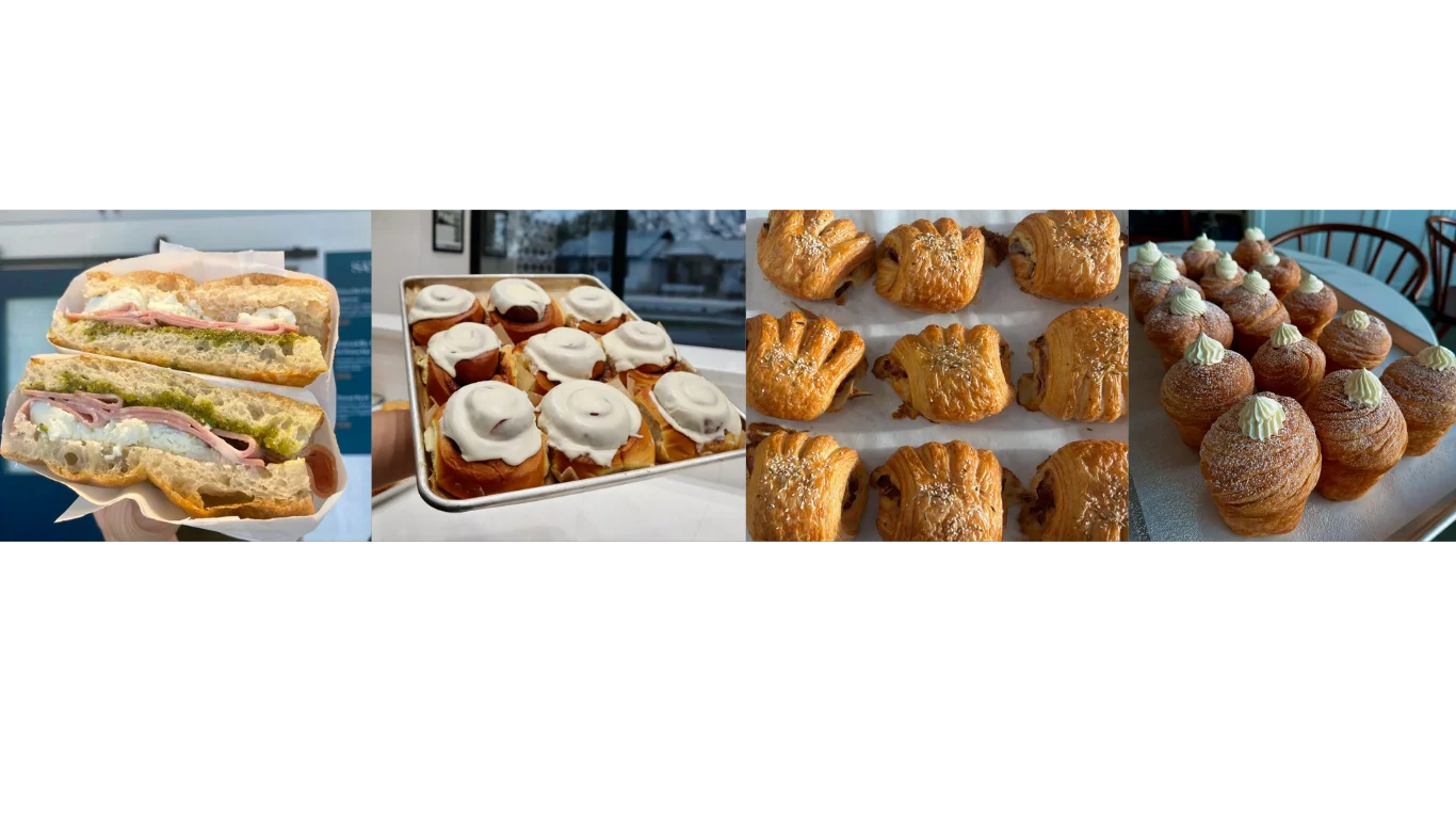 Assorted pastries including cinnamon rolls and croissants