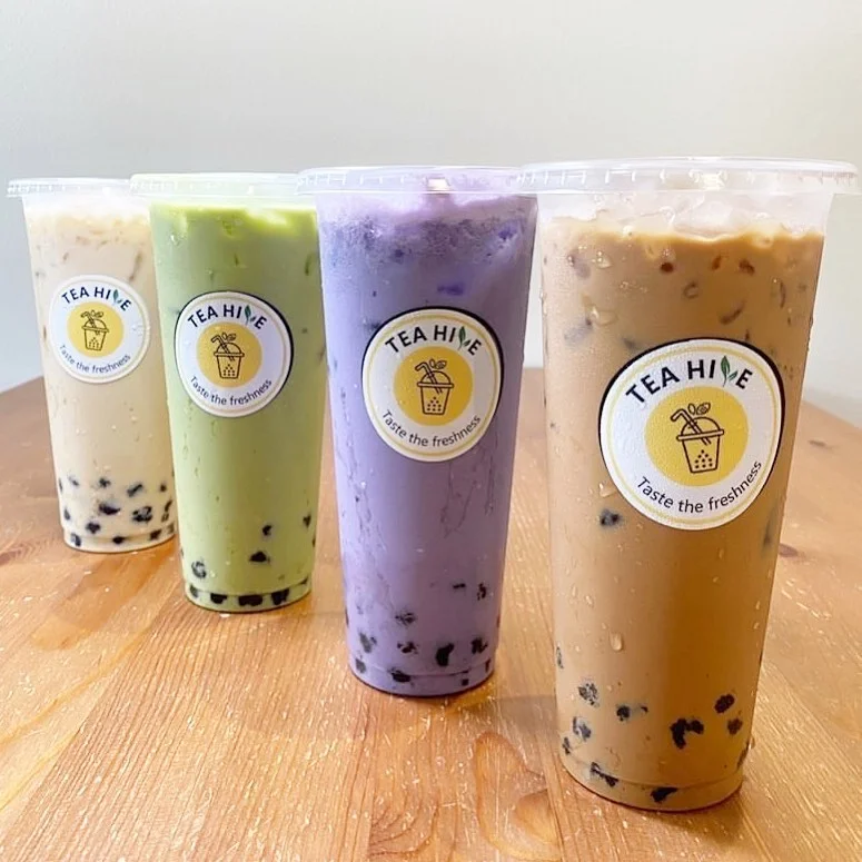 Colorful bubble tea drinks in clear cups