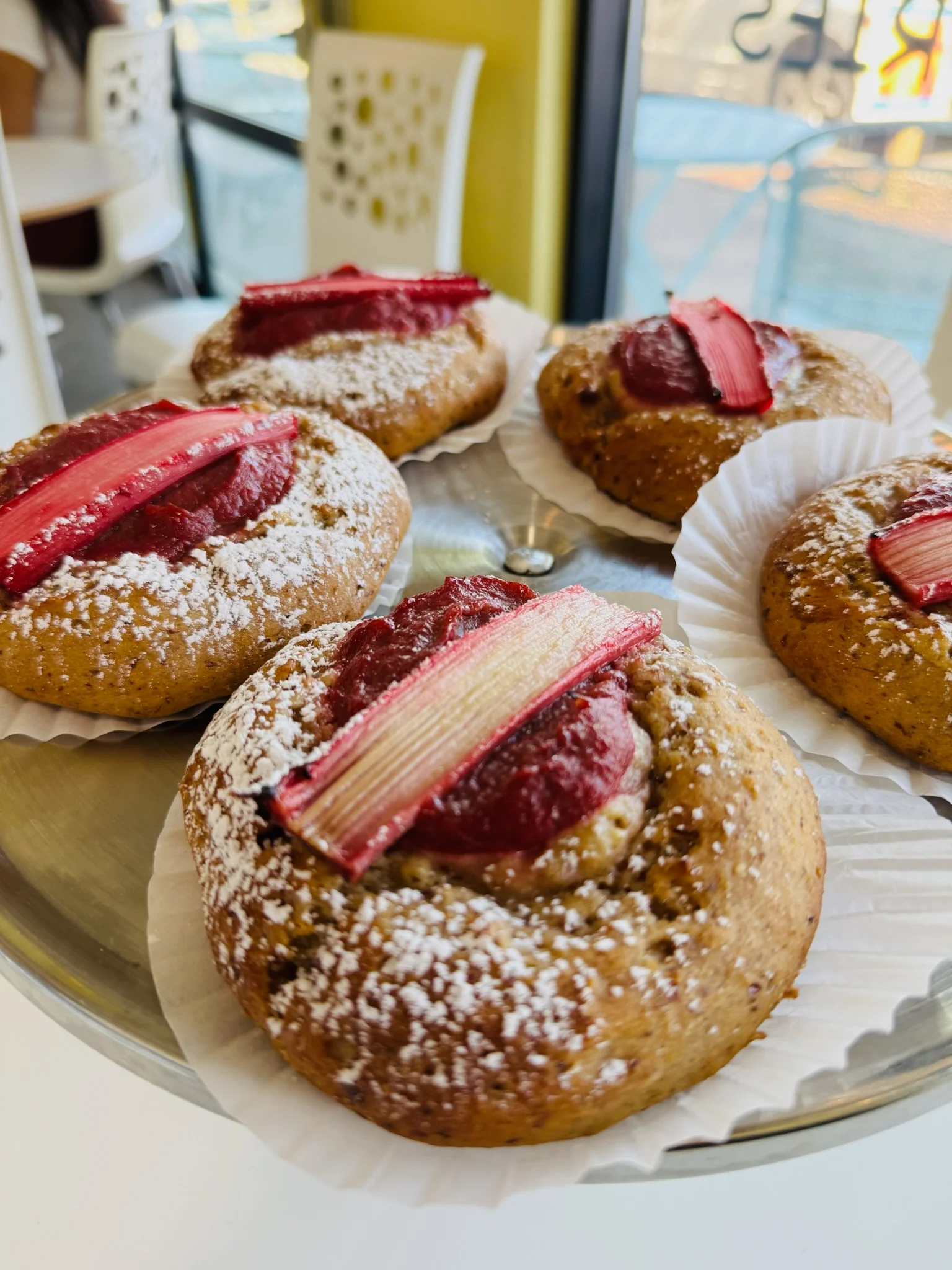 Freshly baked rhubarb pastries on a serving tray