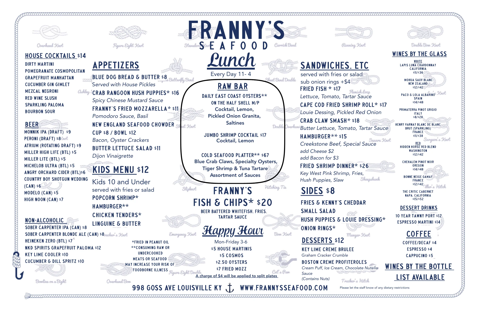 Lunch menu featuring seafood dishes and cocktails at Franny's Seafood