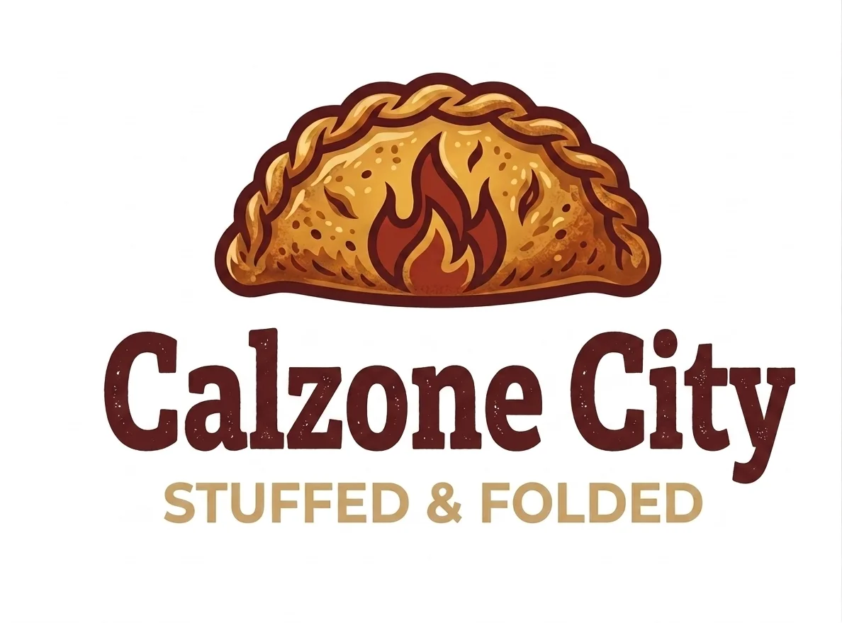 Calzone City restaurant logo with illustrated calzone and “Stuffed & Folded” lettering