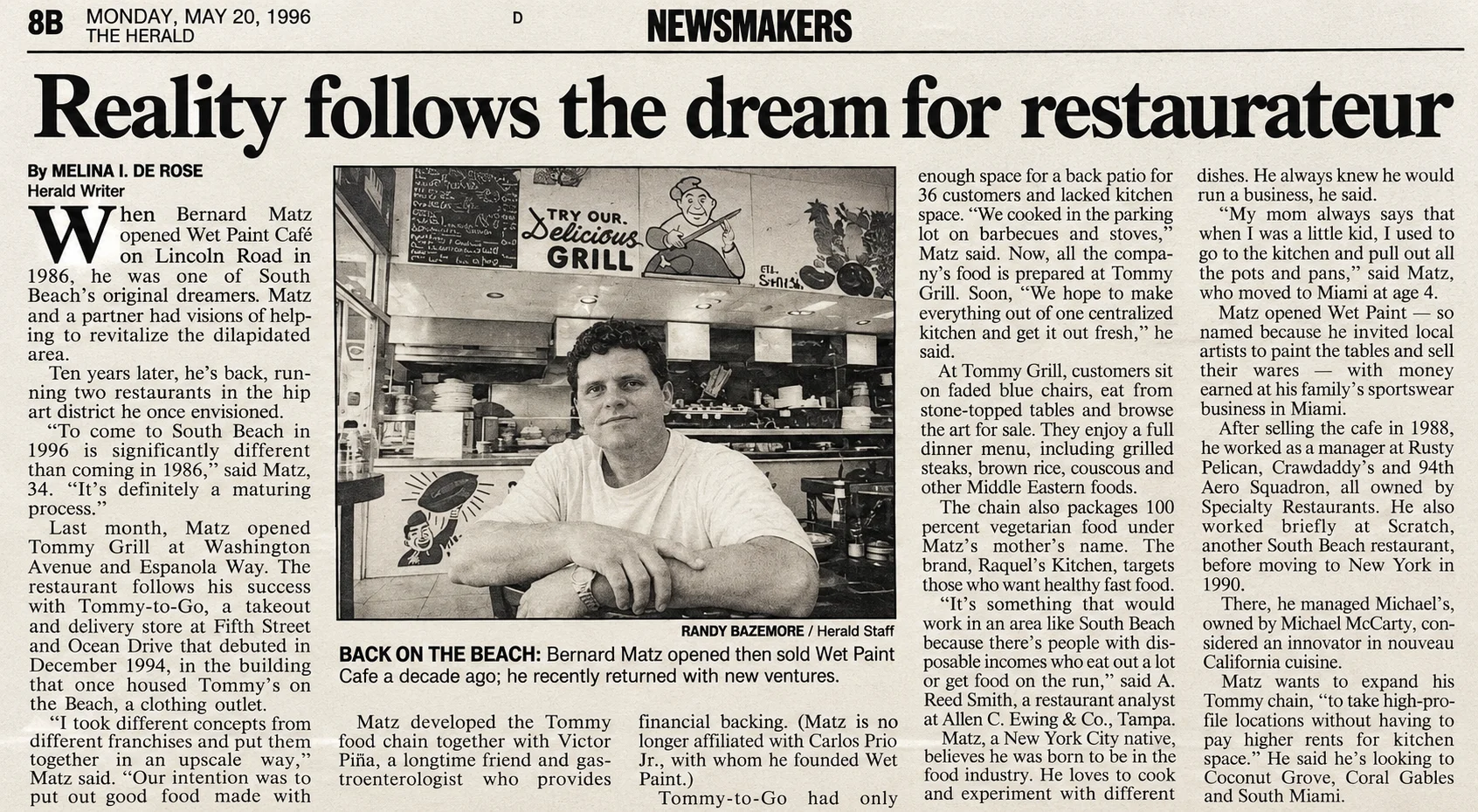 Newspaper article about a restaurateur and South Beach restaurant ventures