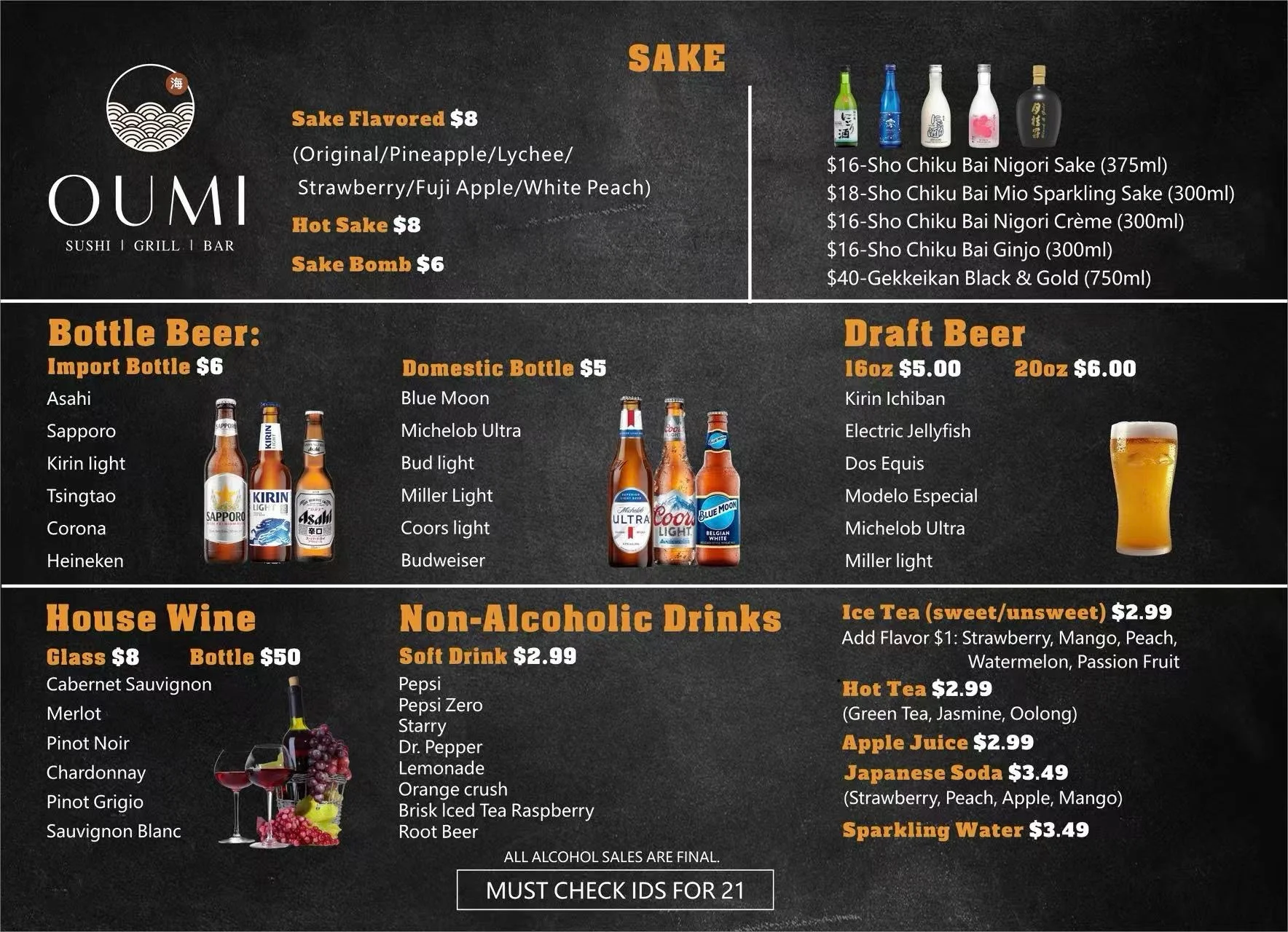 Sake menu featuring various types and prices at a sushi bar