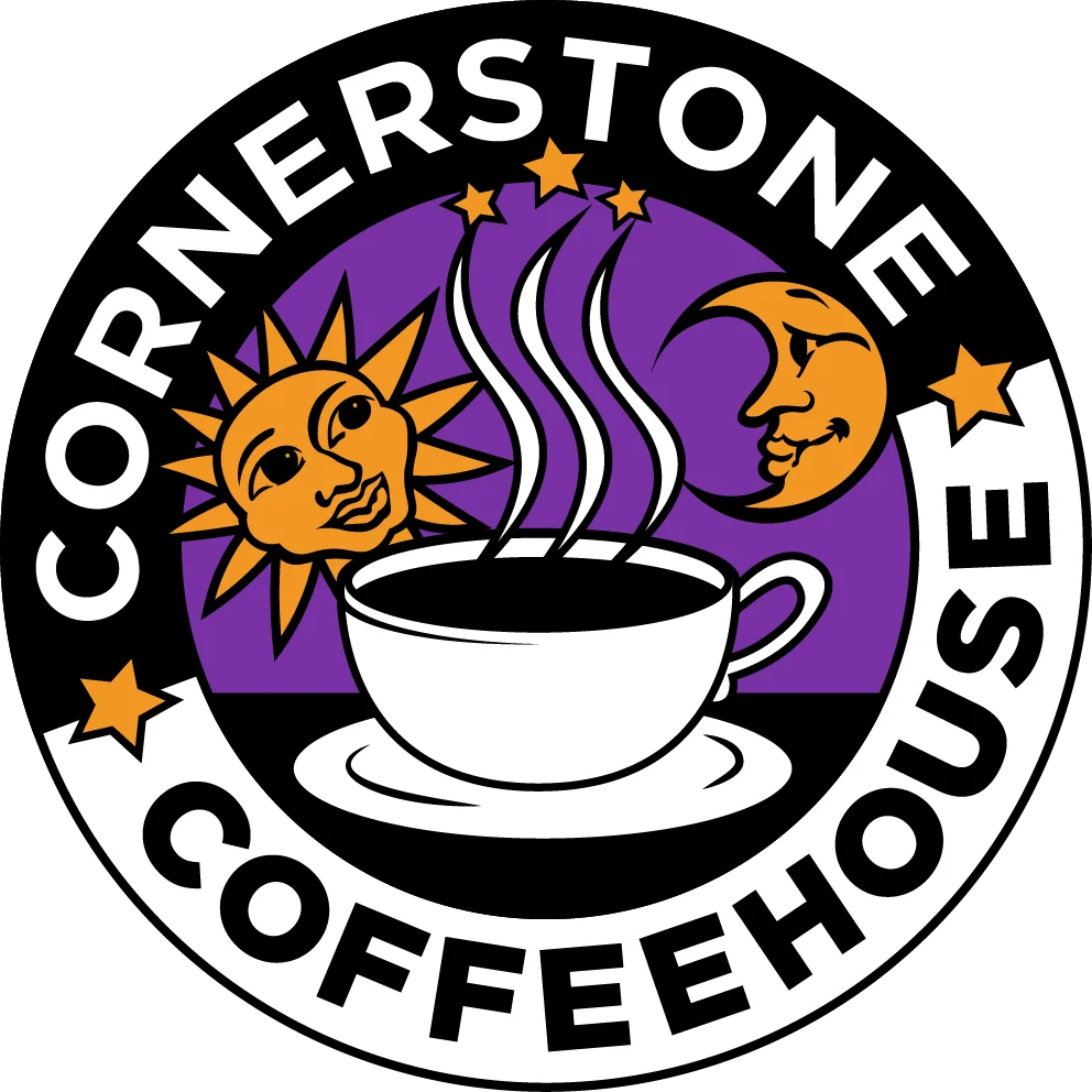 Logo of Cornerstone Coffeehouse featuring sun and moon designs