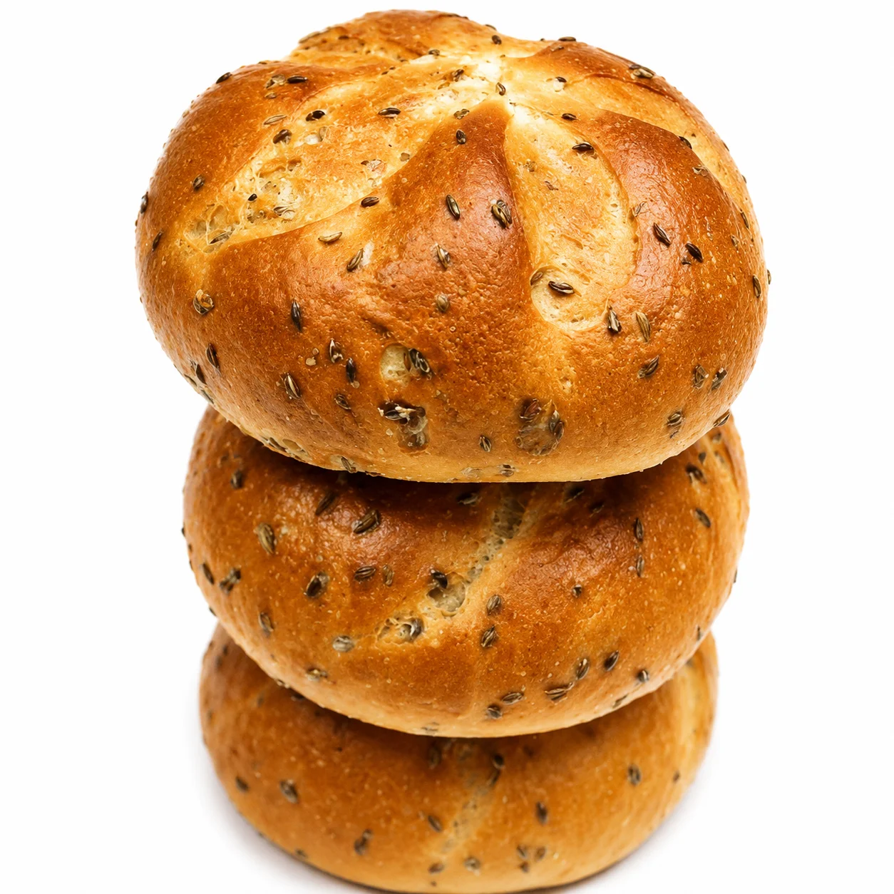 Three freshly baked herb rolls stacked on a white background.