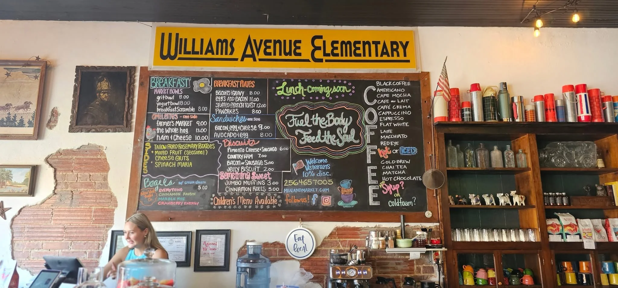 Charming café interior with a chalkboard menu and rustic decor