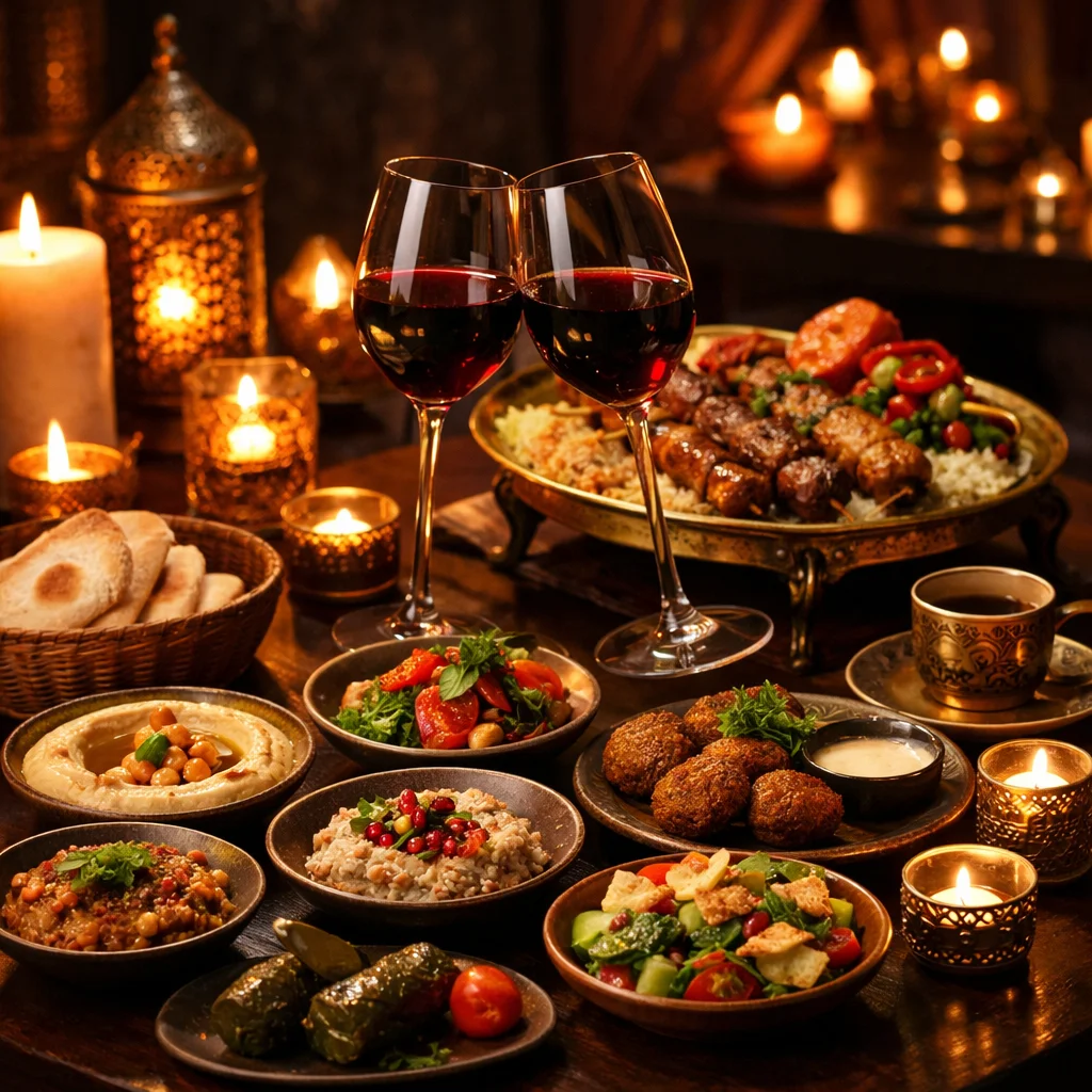 Middle Eastern feast with kebabs, hummus, and fresh salads