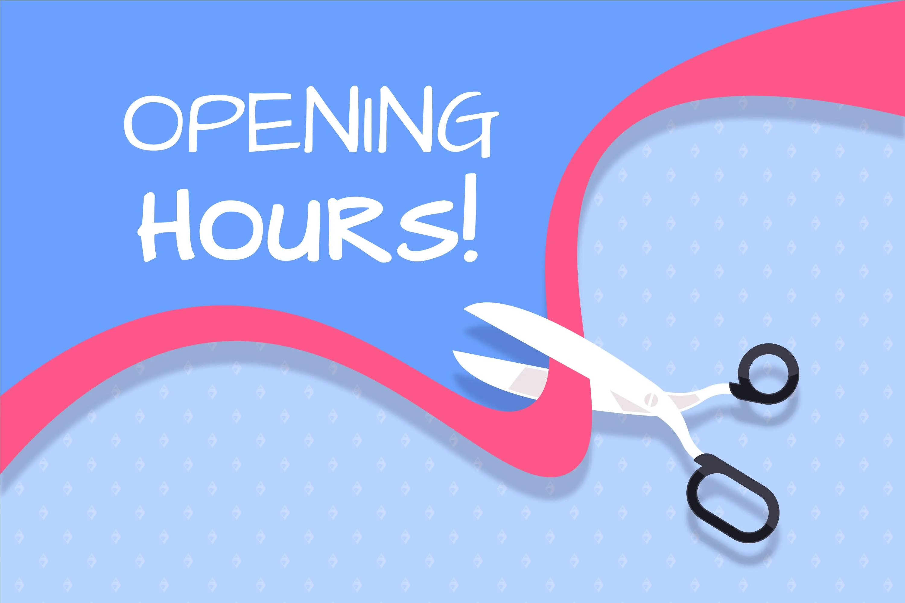 Colorful graphic announcing opening hours with scissors