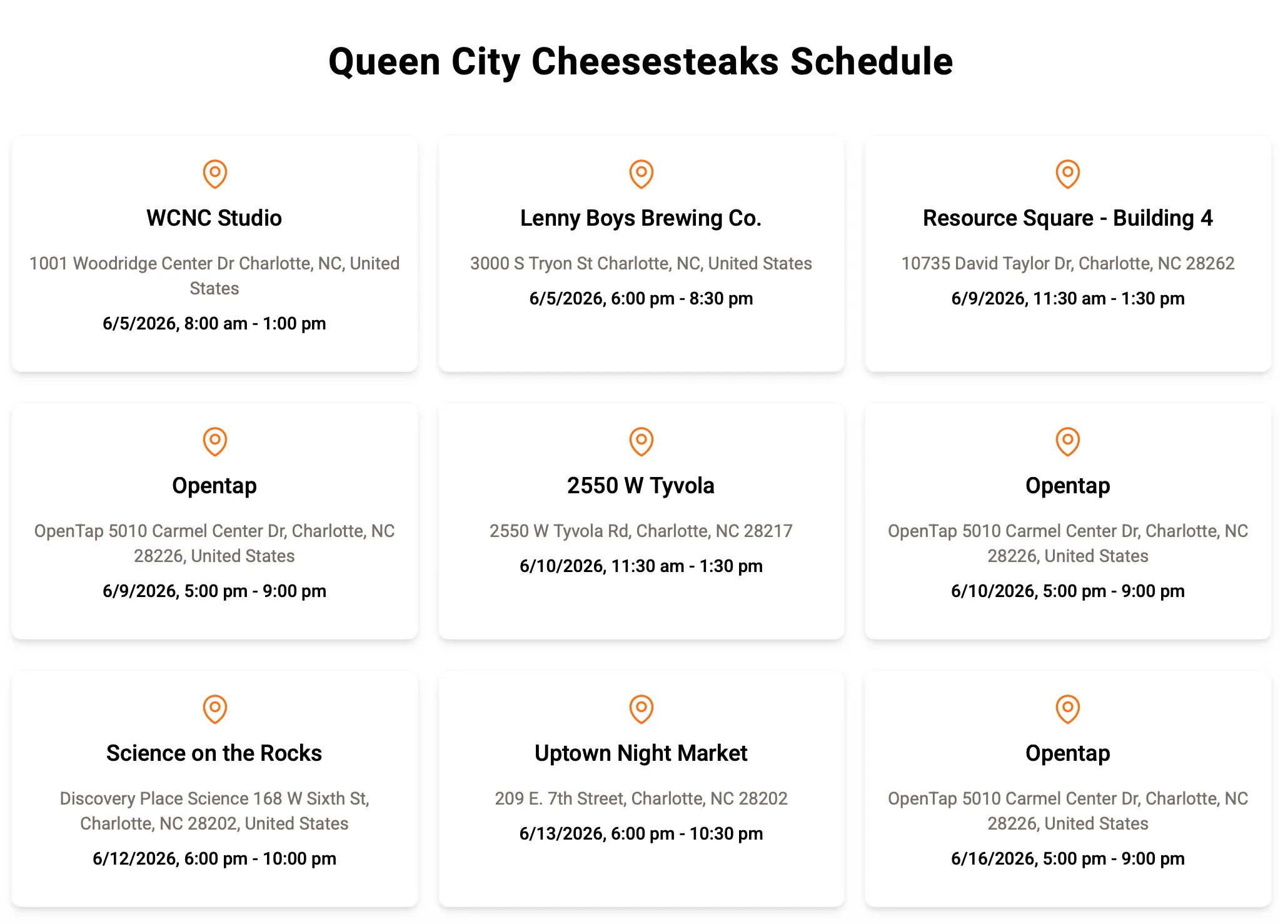 Queen City Cheesesteaks schedule with event details and locations.