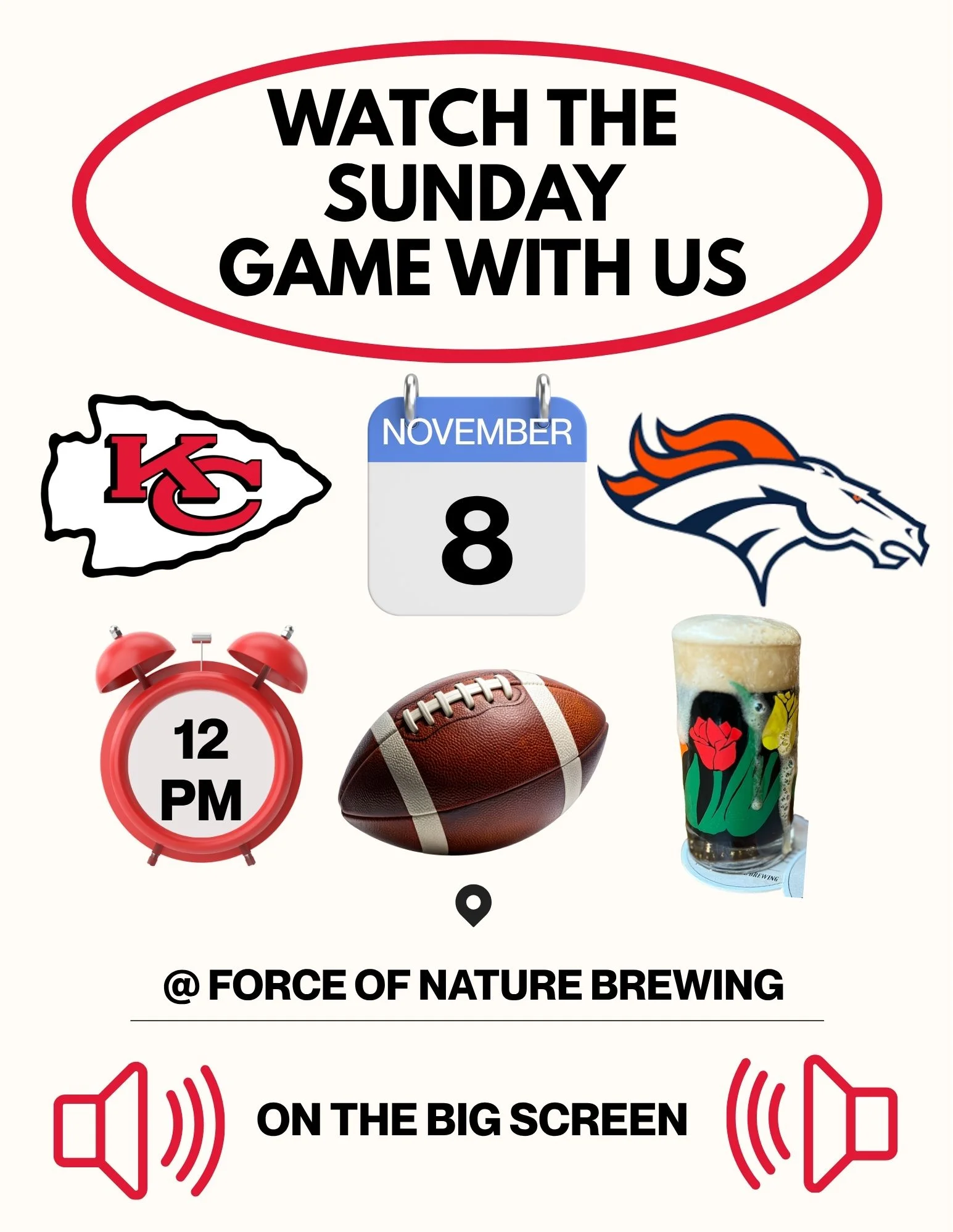 Football watch party promotional graphic with beer and game-day details