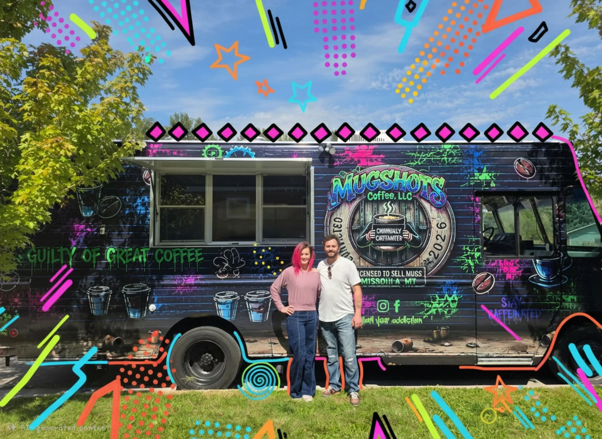 A vibrant coffee truck featuring colorful artwork and signage promoting the brand 'Mugshots Coffee'. Two individuals stand in front of the truck, surrounded by greenery under a blue sky.