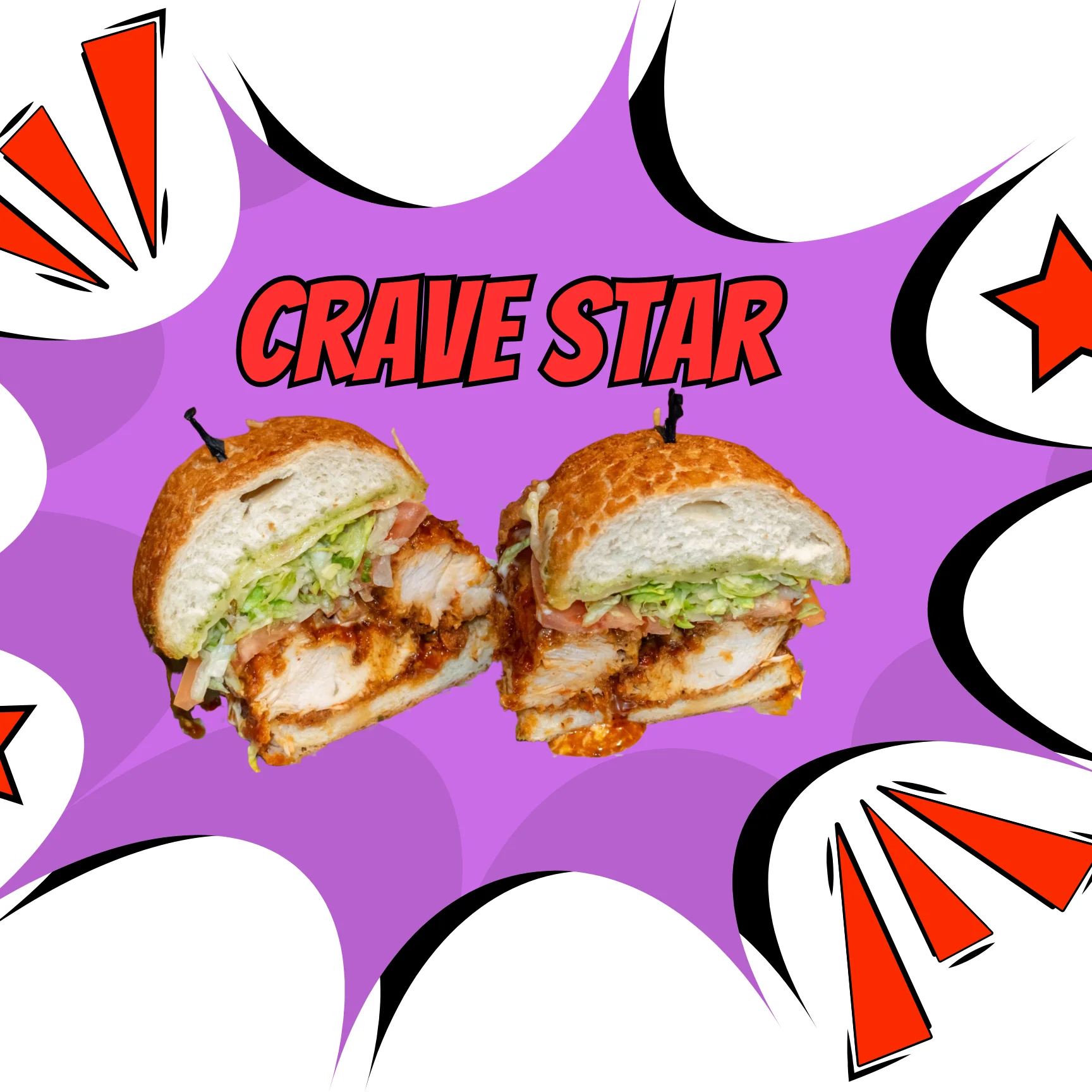 A half sandwich featuring chicken, lettuce, and other toppings, displayed against a purple background with bold text 'CRAVE STAR'.