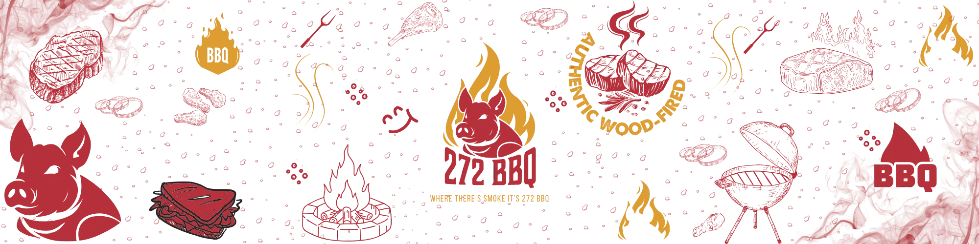 Colorful BBQ-themed illustration with various meats and flames