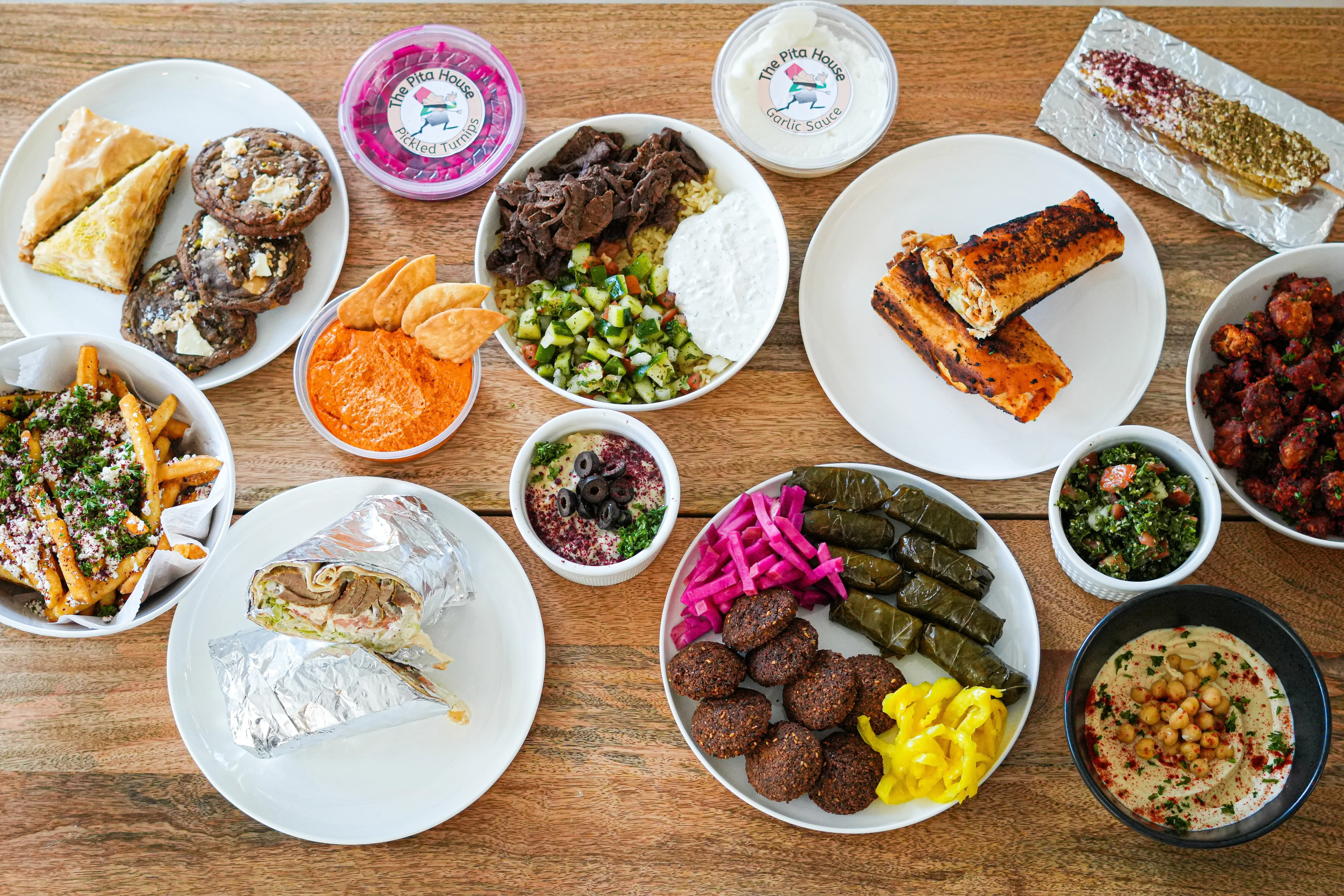 Assorted Mediterranean mezze platter with falafel and hummus
