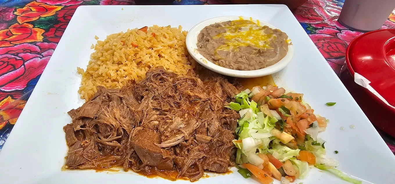 Plate of Mexican carnitas with rice and beans