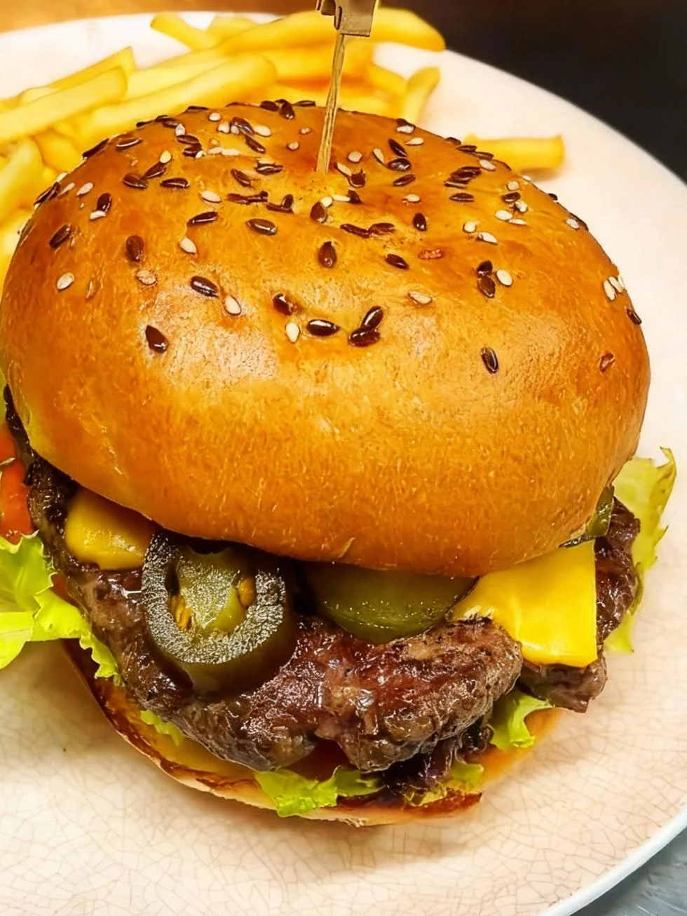 A delicious burger with a sesame seed bun, filled with lettuce, cheese, jalapeños, and a juicy beef patty, accompanied by crispy French fries.