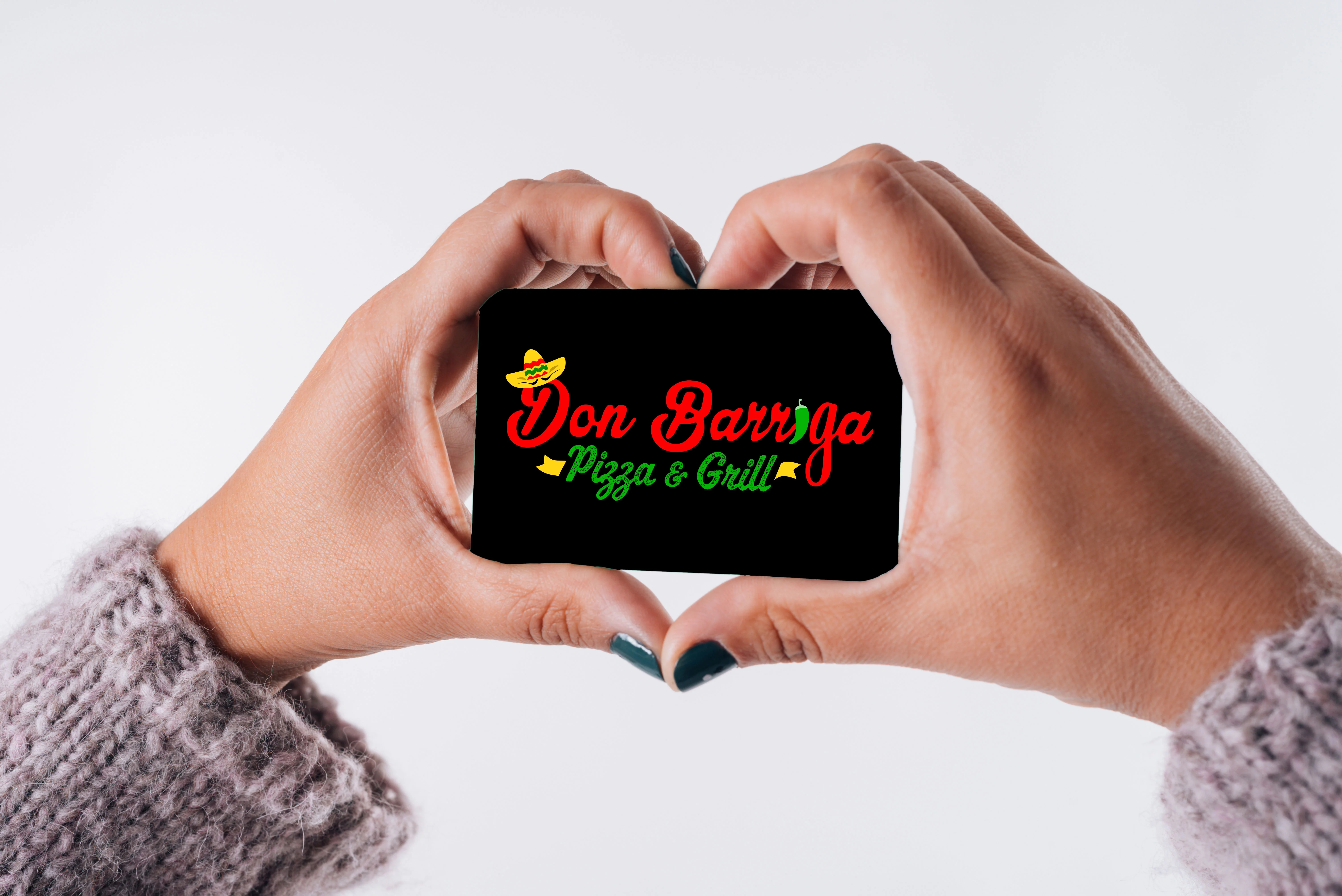 Hands forming a heart around Don Barriga Pizza & Grill logo