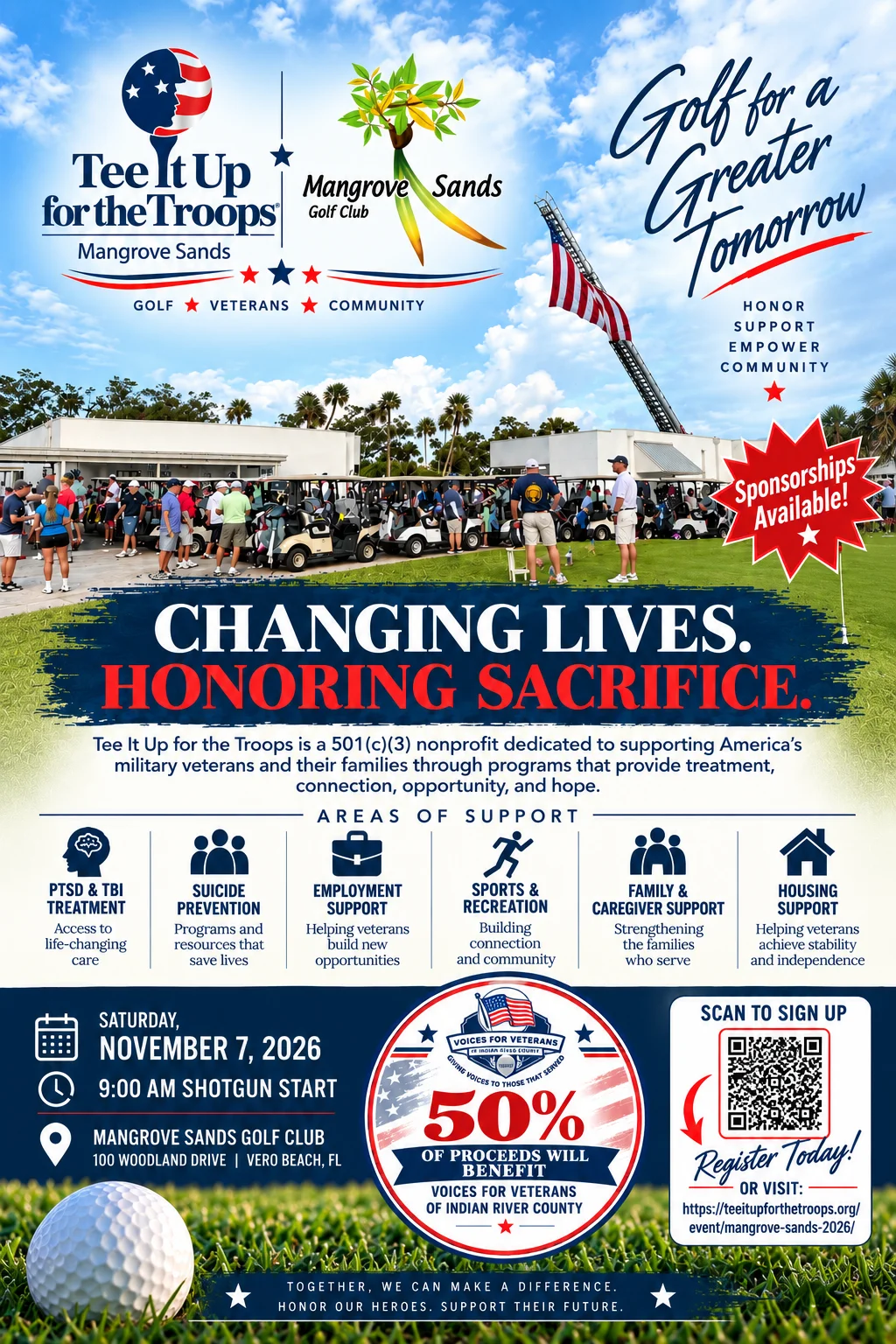 Golf event poster promoting veteran support and community engagement