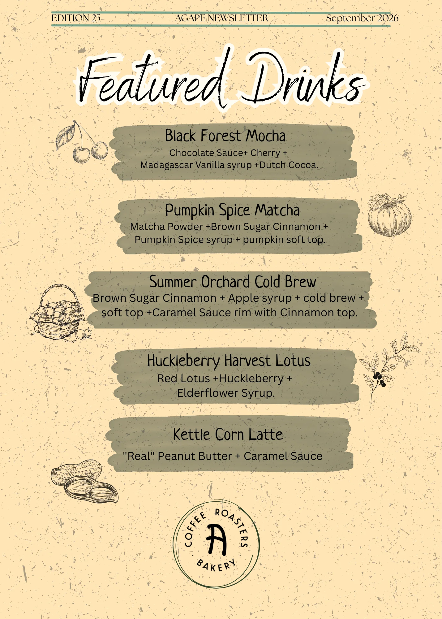 Featured drinks menu with unique coffee and refreshment options
