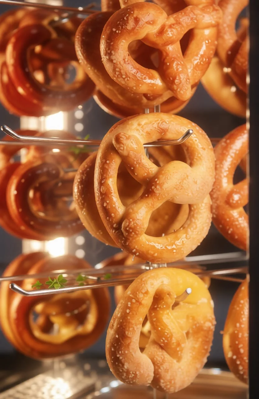 Freshly baked pretzels arranged on a tray, showcasing their golden brown color and twisted shapes.