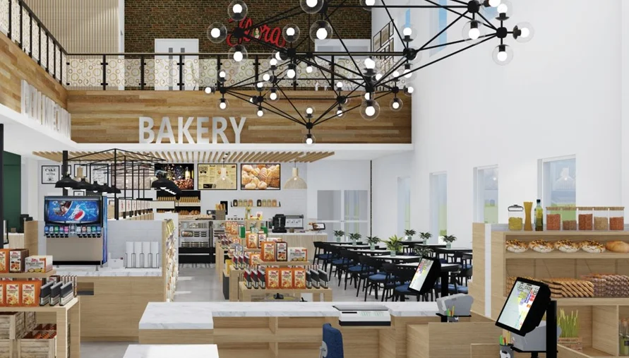 Modern restaurant interior with bakery and dining area