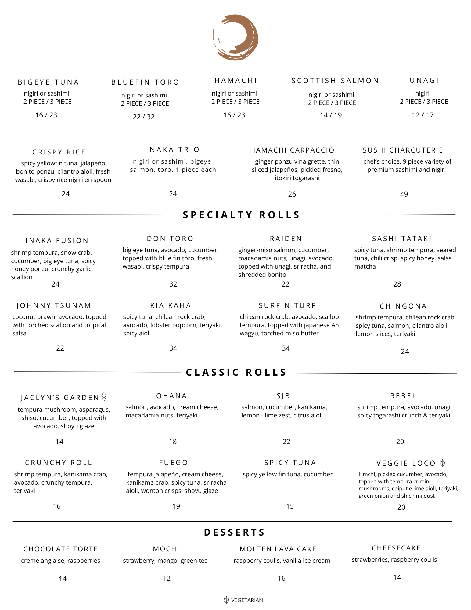 Menu featuring sushi, rolls, and desserts with prices listed.