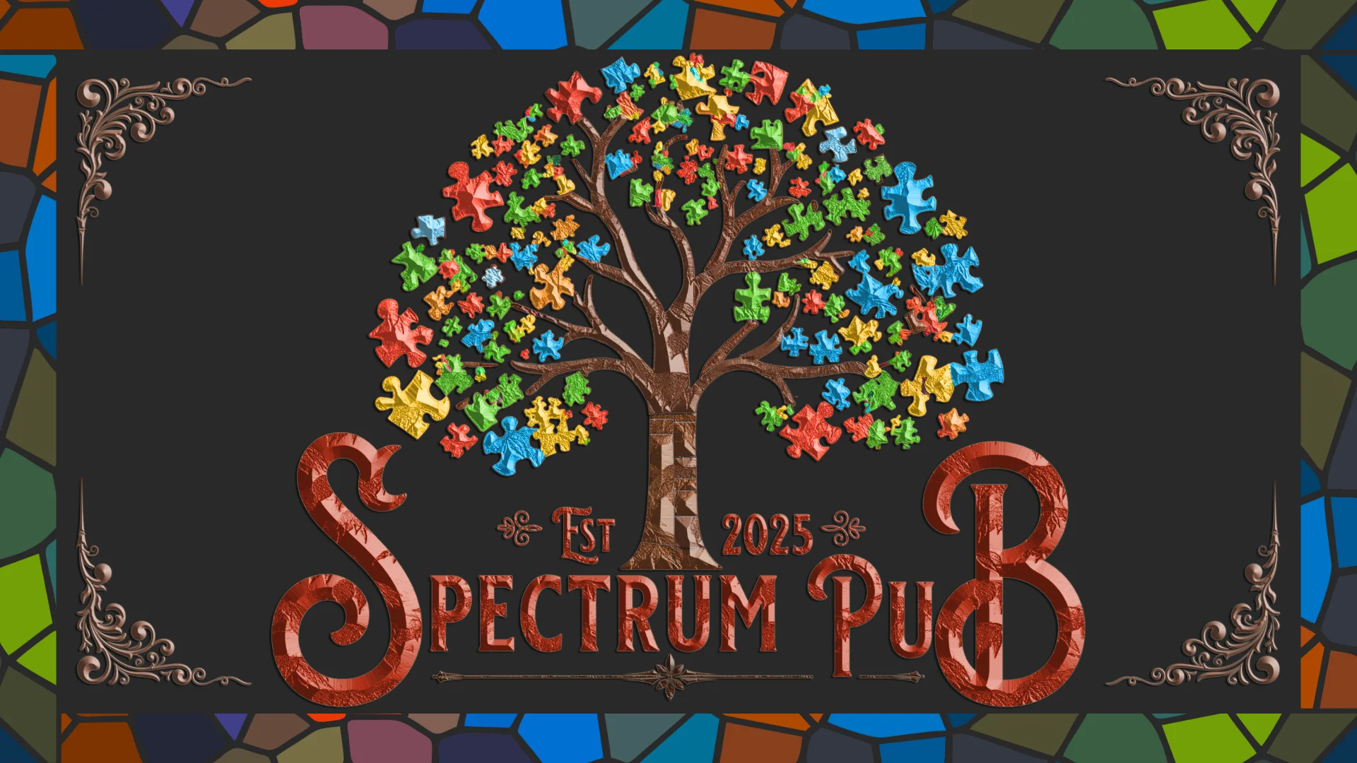 Colorful logo of Spectrum Pub featuring a puzzle tree design