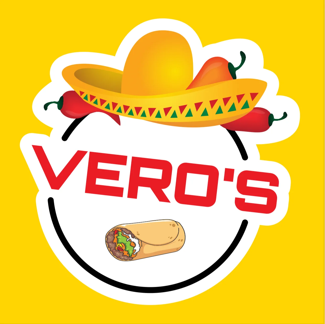 Vero's logo featuring a sombrero and a taco illustration on a bright background
