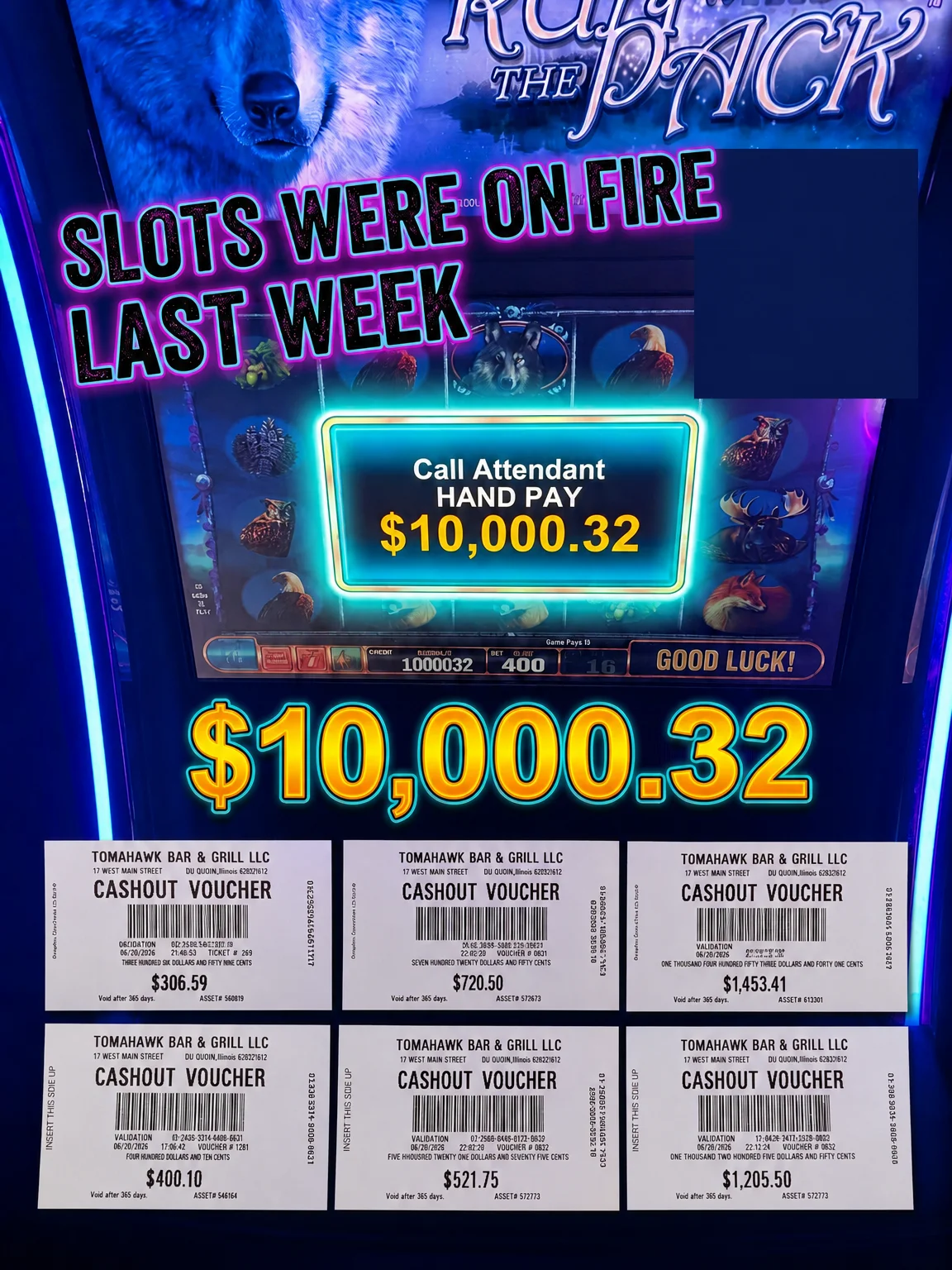 Slot machine display showing $10,000 jackpot win