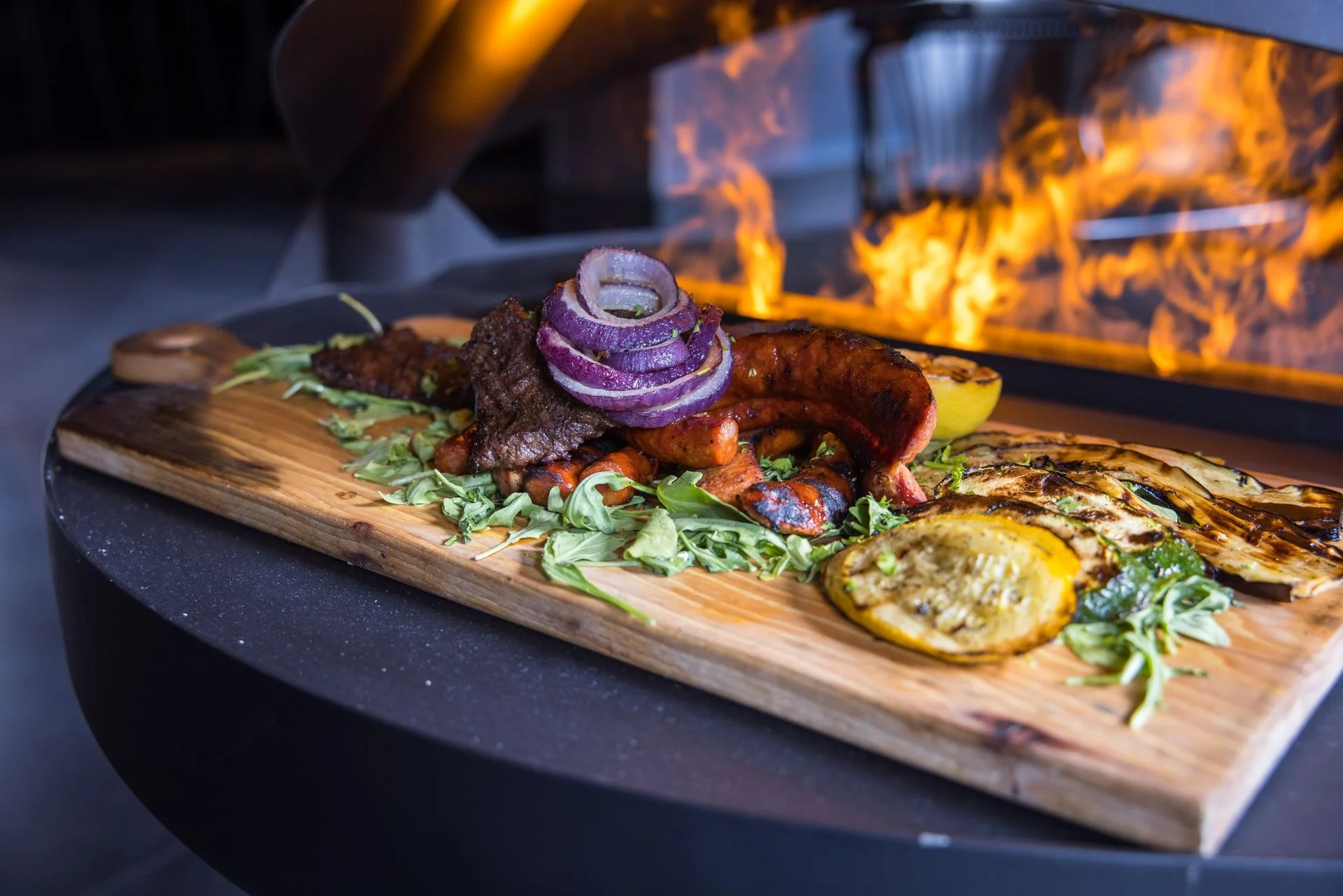 Grilled Brazilian barbecue platter with meats and vegetables