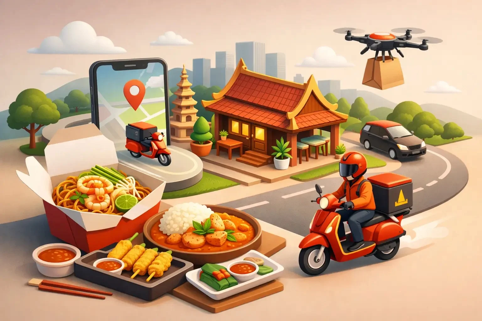 Delivery scene with Asian cuisine and a scooter