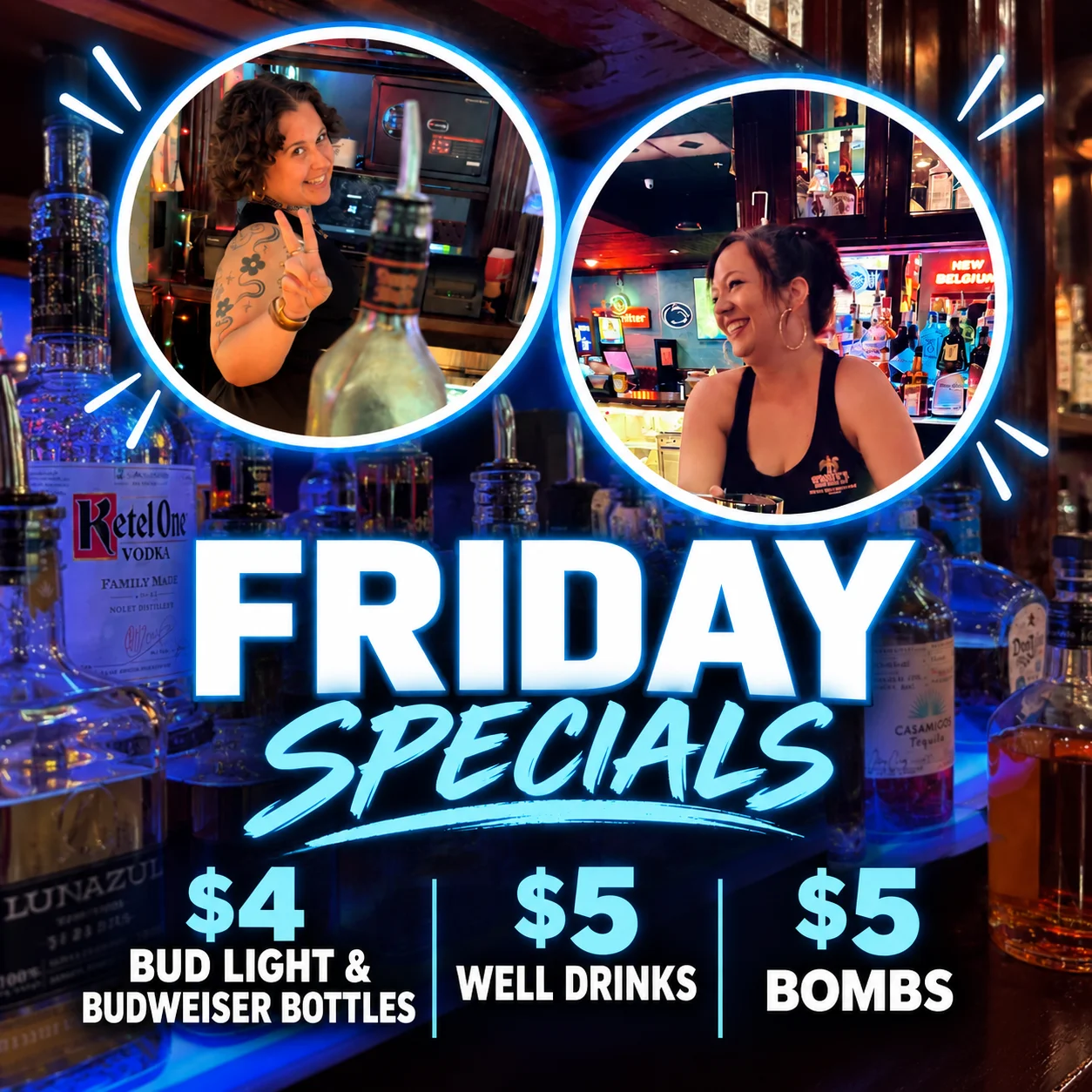 Bartenders serving drinks at a lively bar during Friday specials