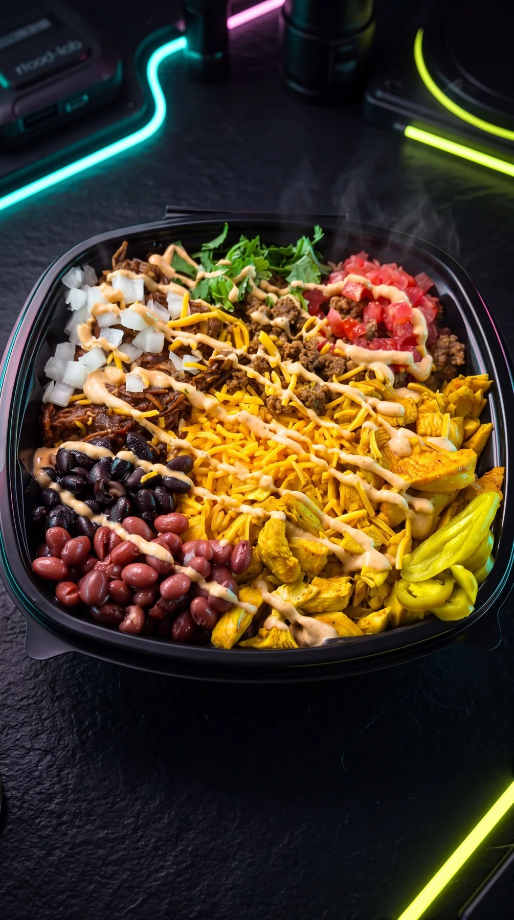 Colorful Hot Lab bowl with rice, beans, vegetables, proteins, and house sauce