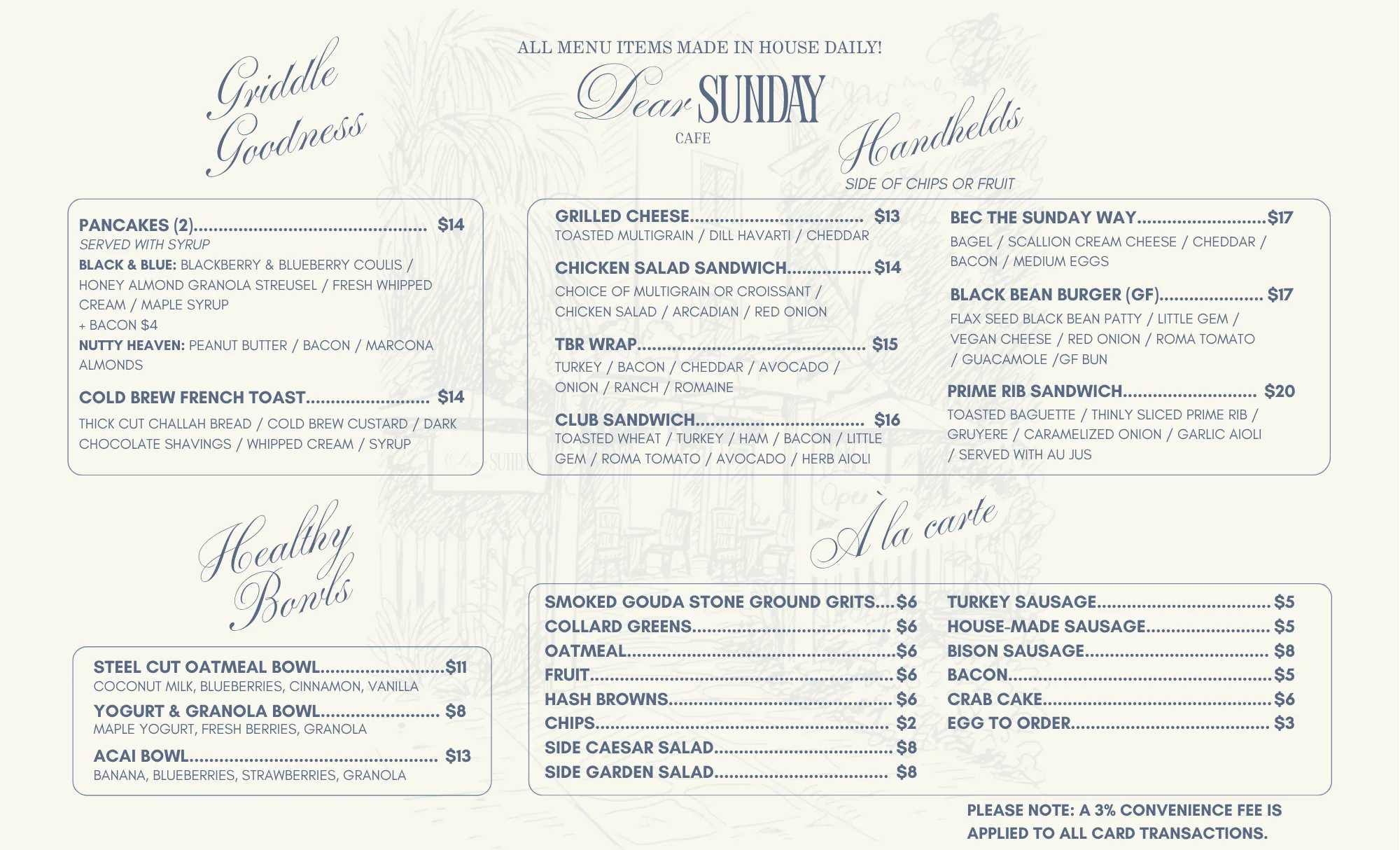 Brunch menu featuring pancakes, sandwiches, and healthy bowls