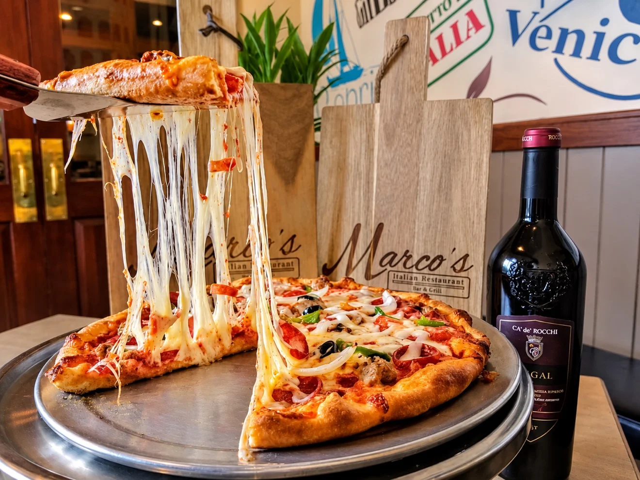 Pizza slice with melted cheese pull at Marco's Italian Restaurant in Ashland VA