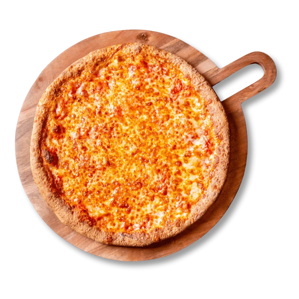 Classic cheese pizza on a wooden serving board
