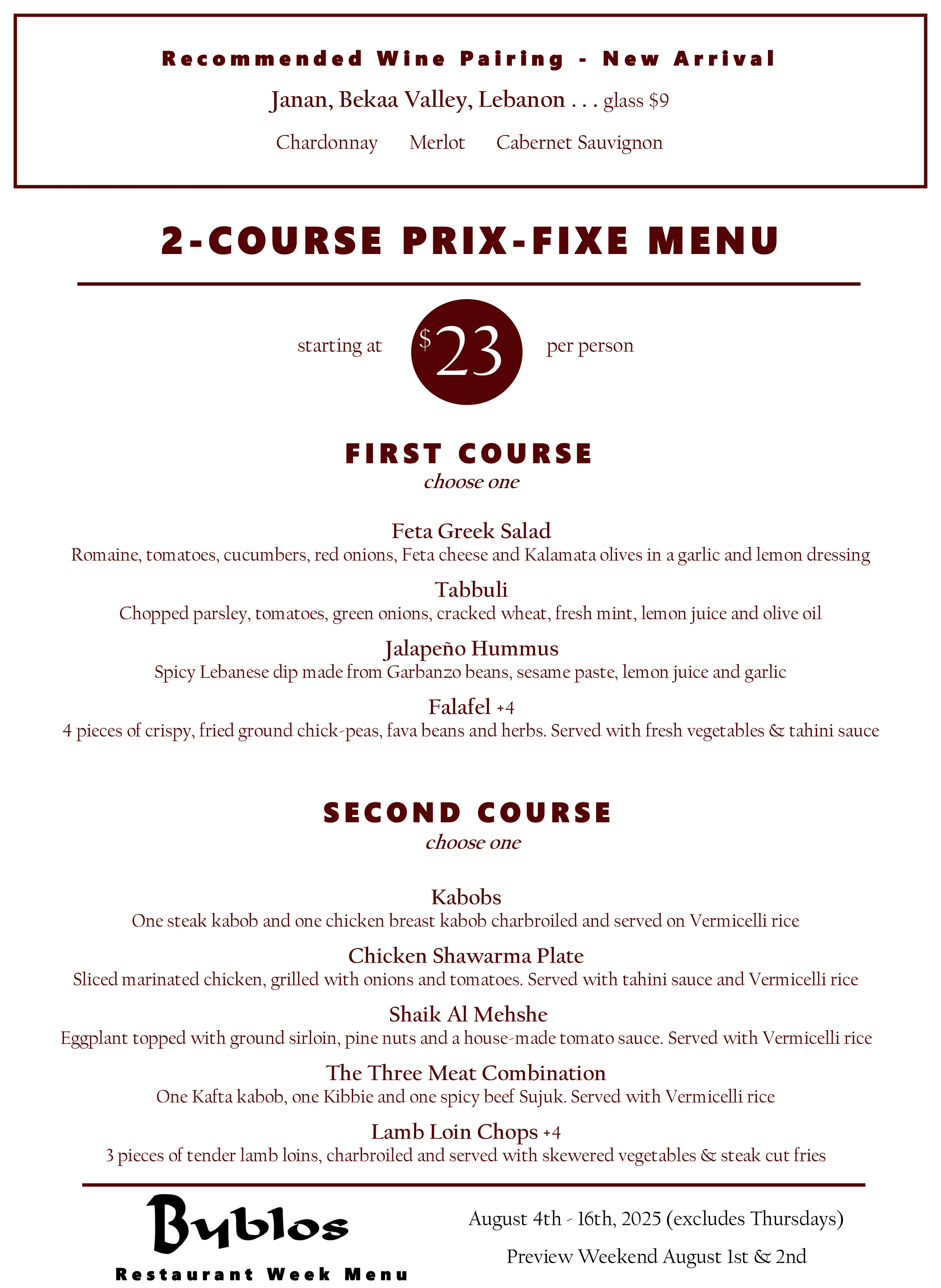 Mediterranean prix-fixe menu featuring kabobs and falafel
