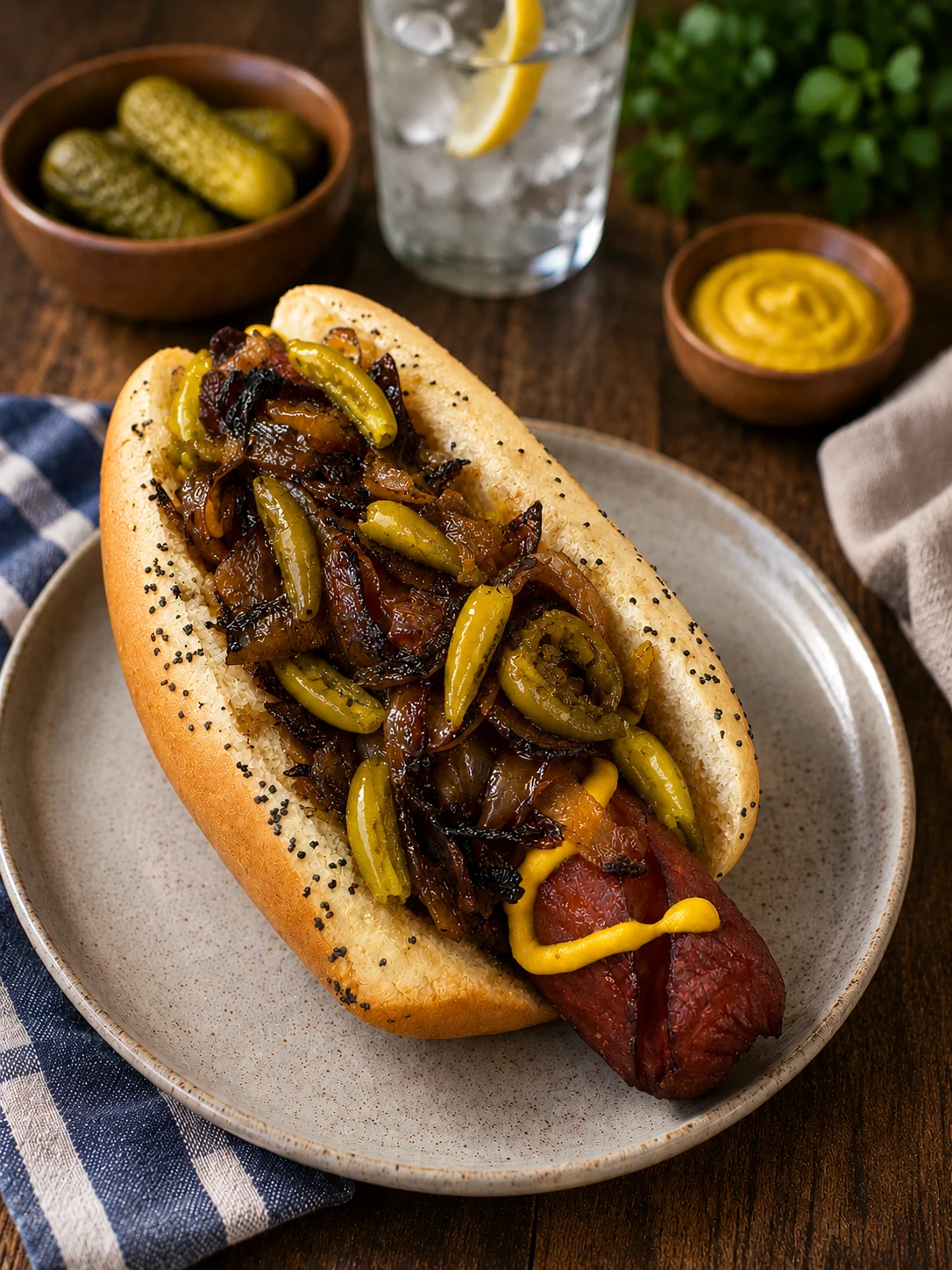 Chicago-style hot dog with toppings and mustard