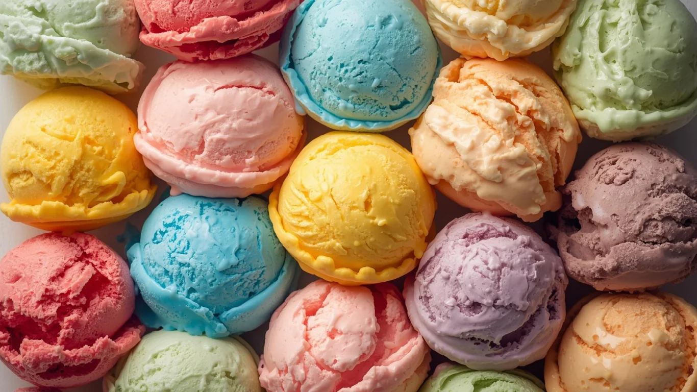 Colorful assortment of ice cream scoops in various flavors