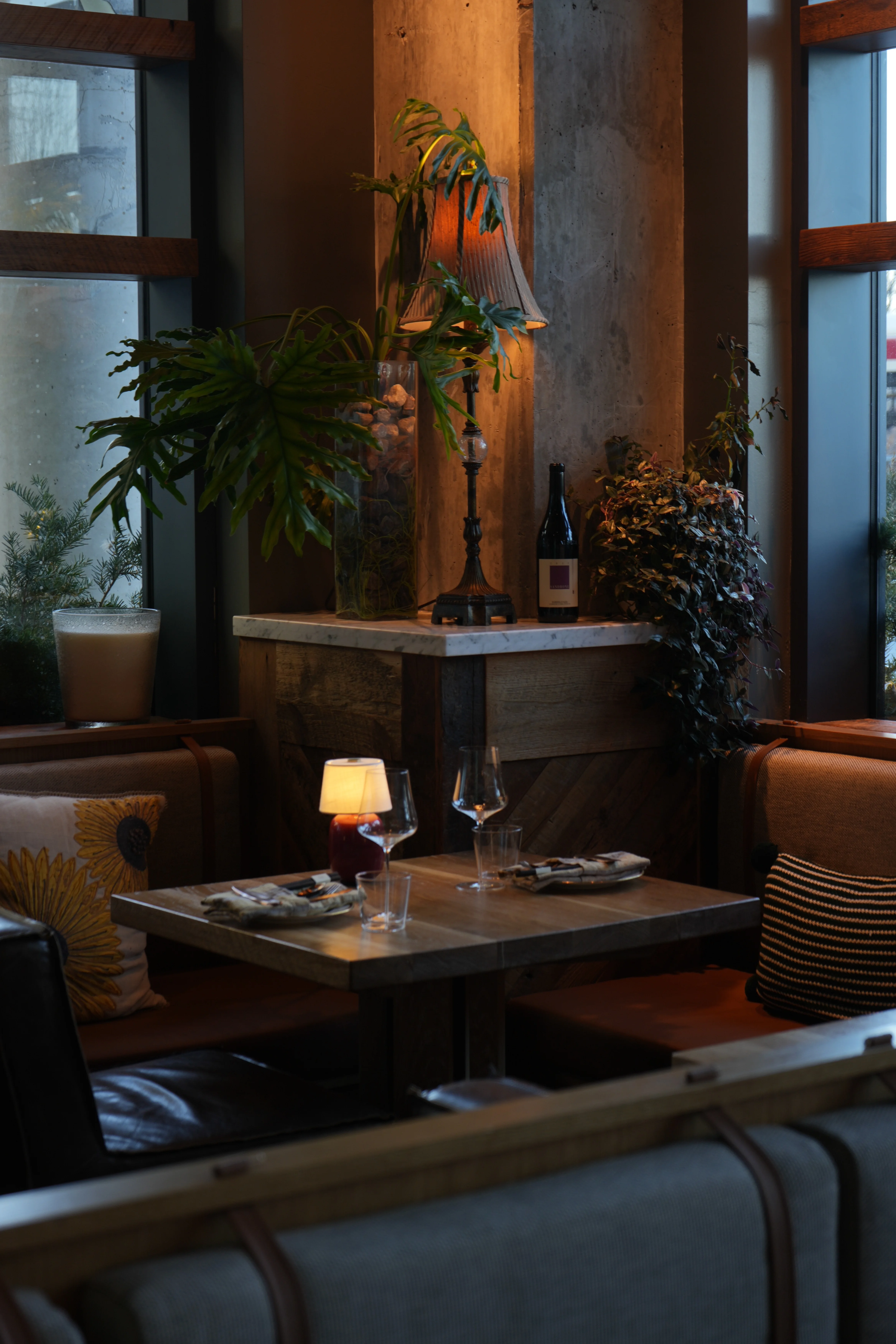 Cozy restaurant interior with warm lighting and elegant decor