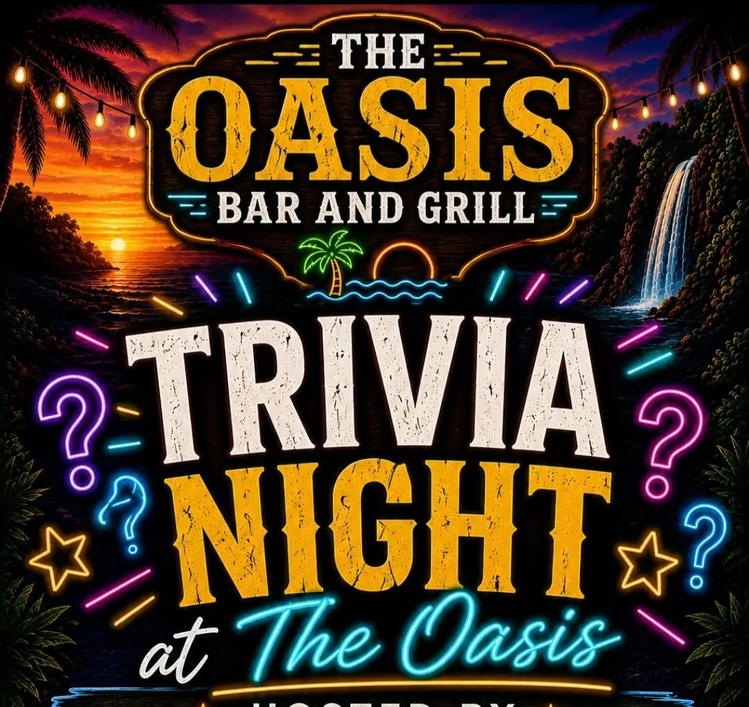 Tropical bar trivia night event poster with neon graphics and DJ illustration