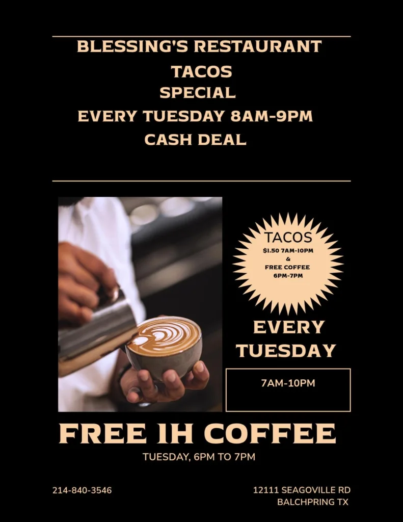 Taco special at a vibrant restaurant with coffee promotion