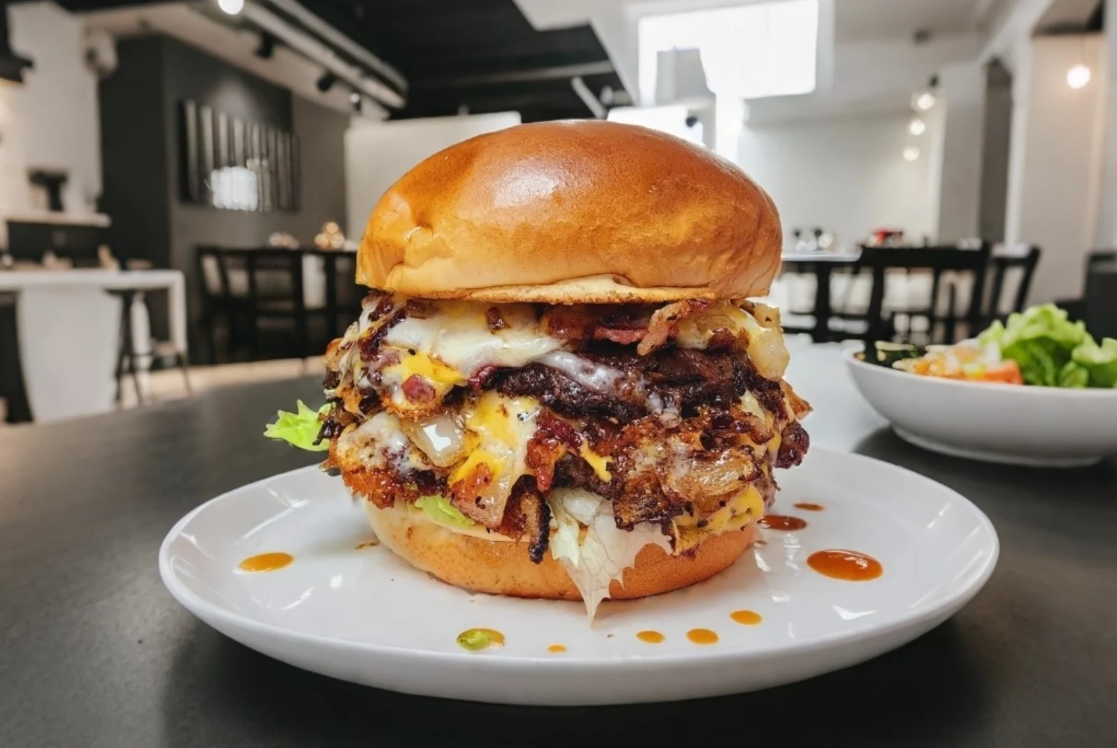 Juicy cheeseburger stacked high with toppings