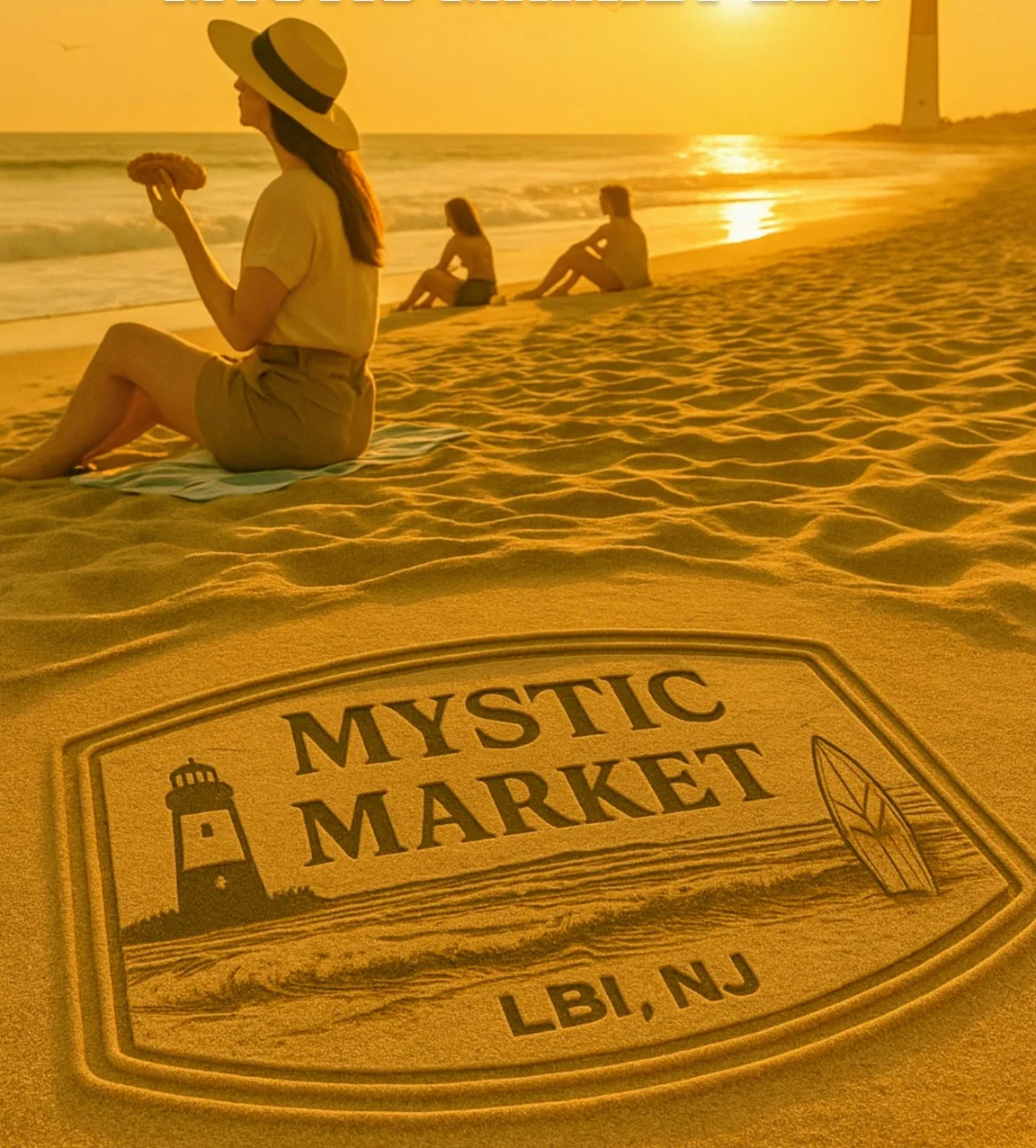 Beach scene with Mystic Market branding at sunset