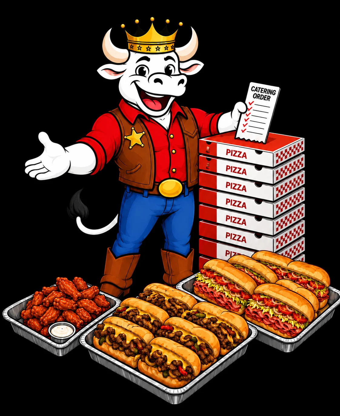 Cartoon mascot with pizza, wings, and hot dogs for catering orders